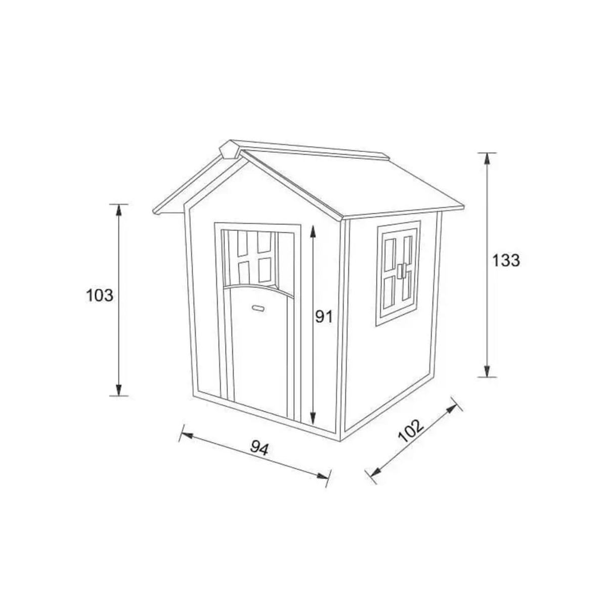 Strichzeichnung eines Holzspielhauses mit Abmessungen in mm. Es hat eine Tür und ein Fenster.