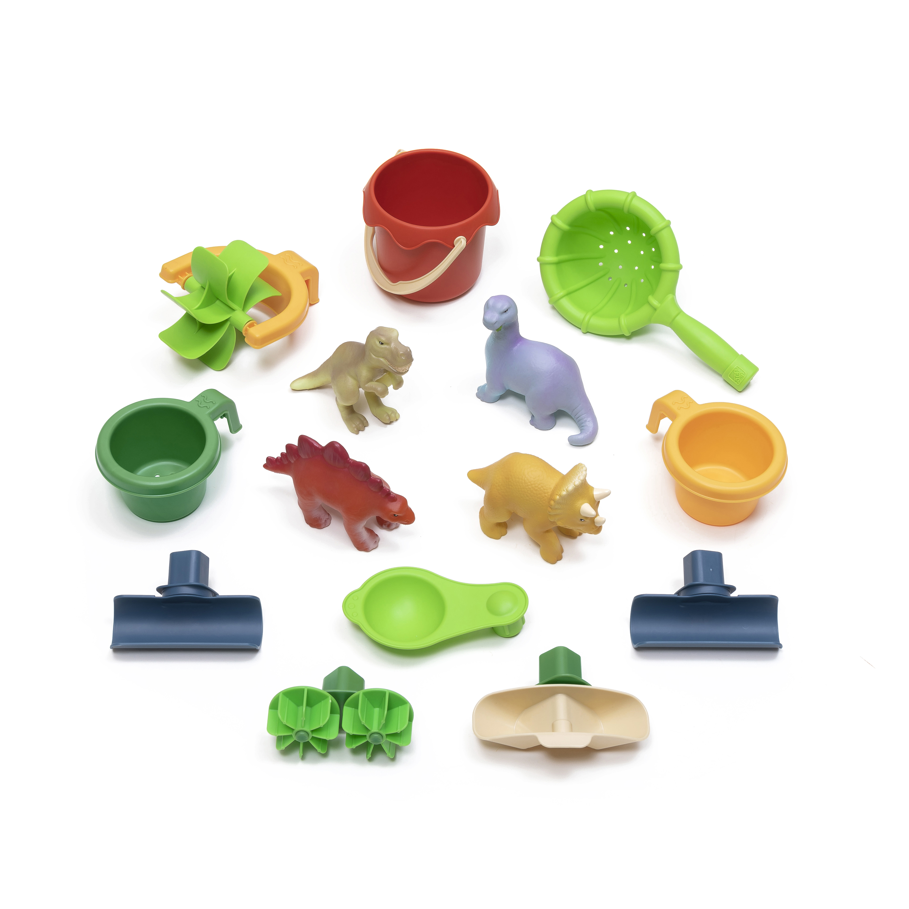 Farbenfrohes Spielzeugset aus Dinosauriern und Werkzeugen. Weißer Hintergrund. Verschiedene Formen.