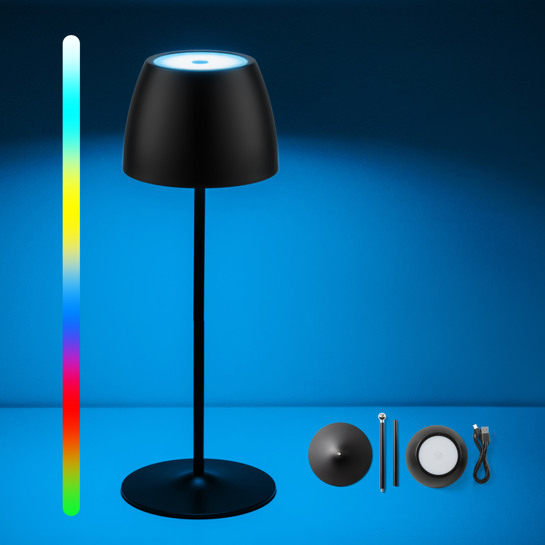 Schwarze Tischlampe mit Farbwechsel-Licht. Sie hat einen Fuß, eine Stange und einen Lampenschirm.