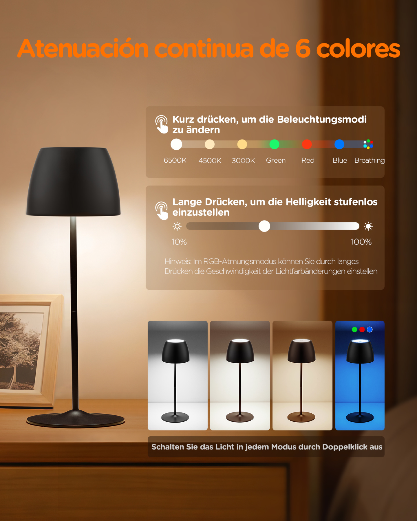 Schwarze Tischlampe mit verschiedenen Lichteinstellungen. Weißes Licht mit schwarzer Lampe.