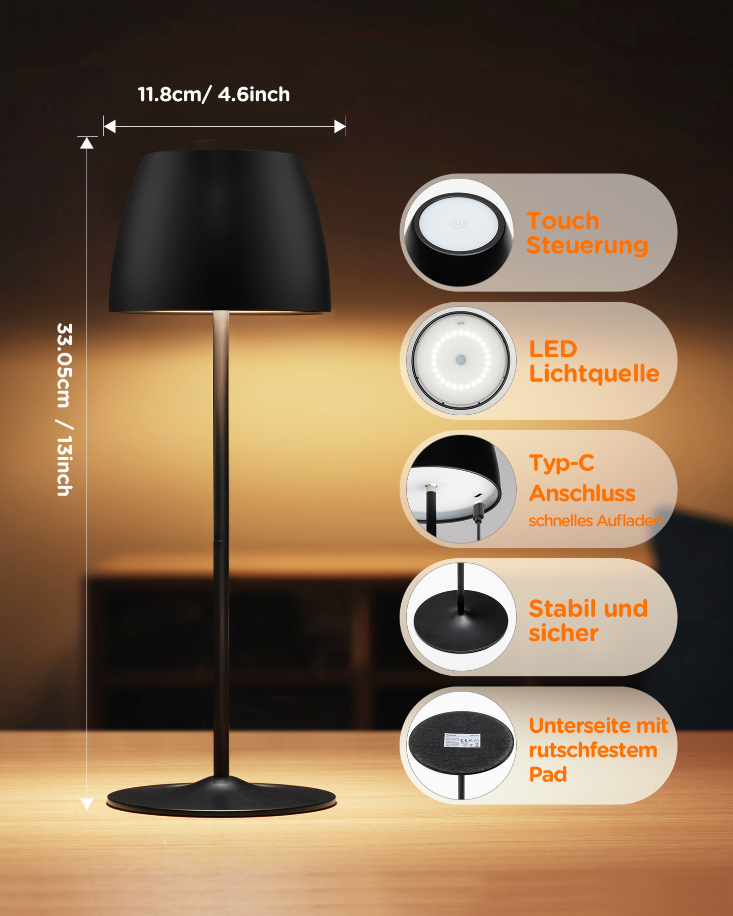 Schwarze Lampe mit schwarzem Fuß und Lampenschirm, mit Produktdetails und Spezifikationen.