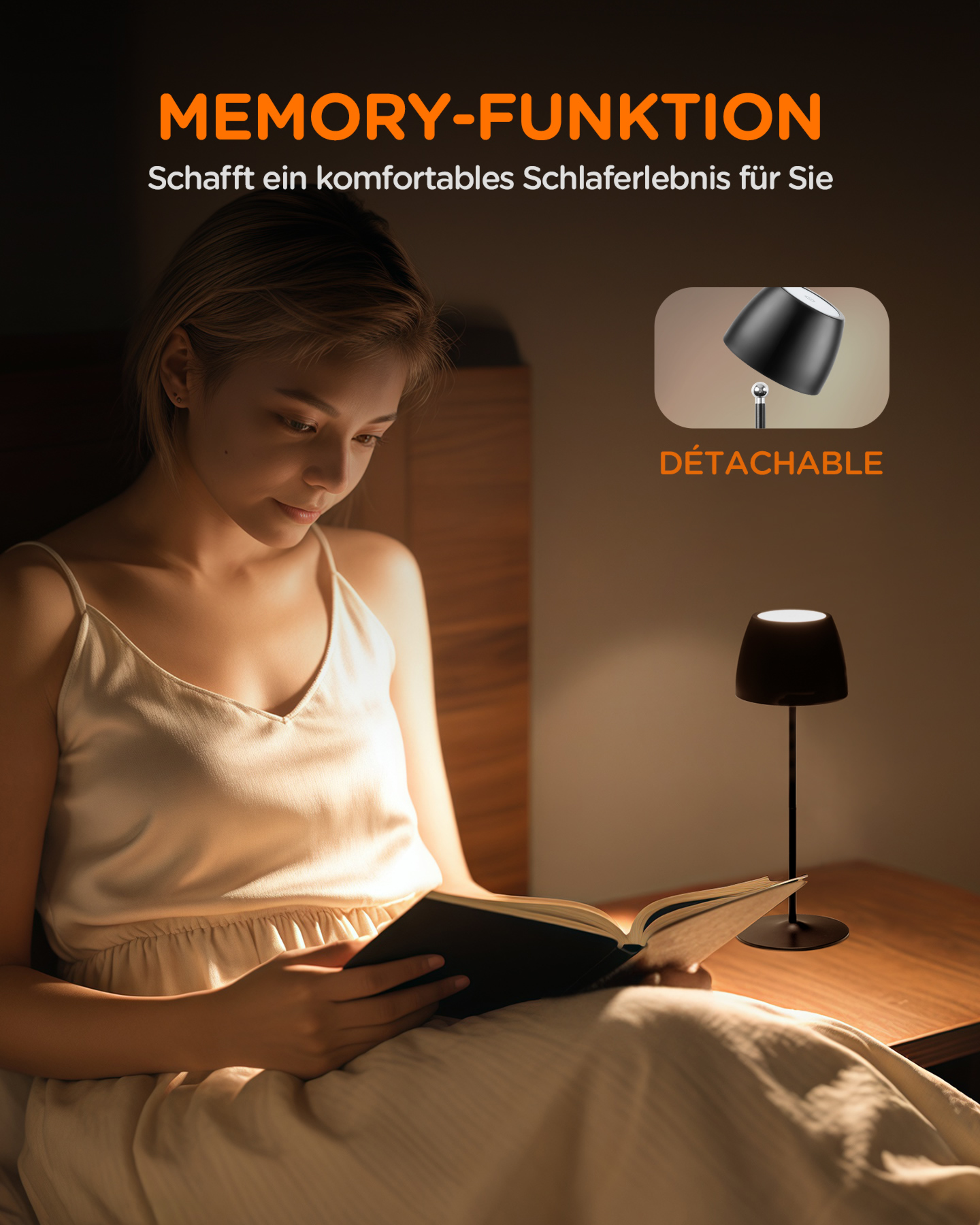 Frau liest unter einer kleinen Tischlampe auf einem Nachttisch mit einem Buch.