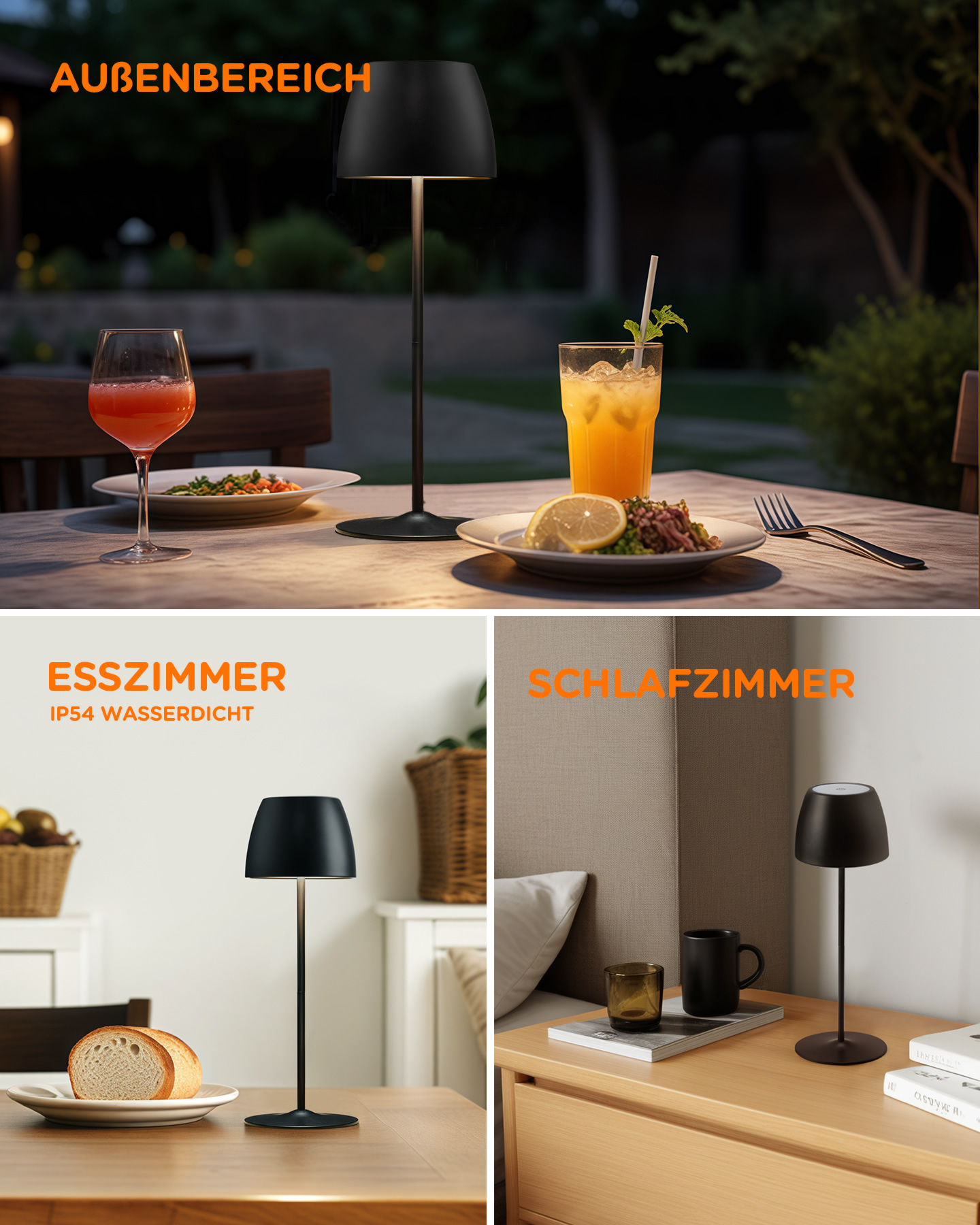Schwarze Außenlampe auf Tischen, und Innenaufnahmen. Text: Außenbereich, Esszimmer, Schlafzimmer.