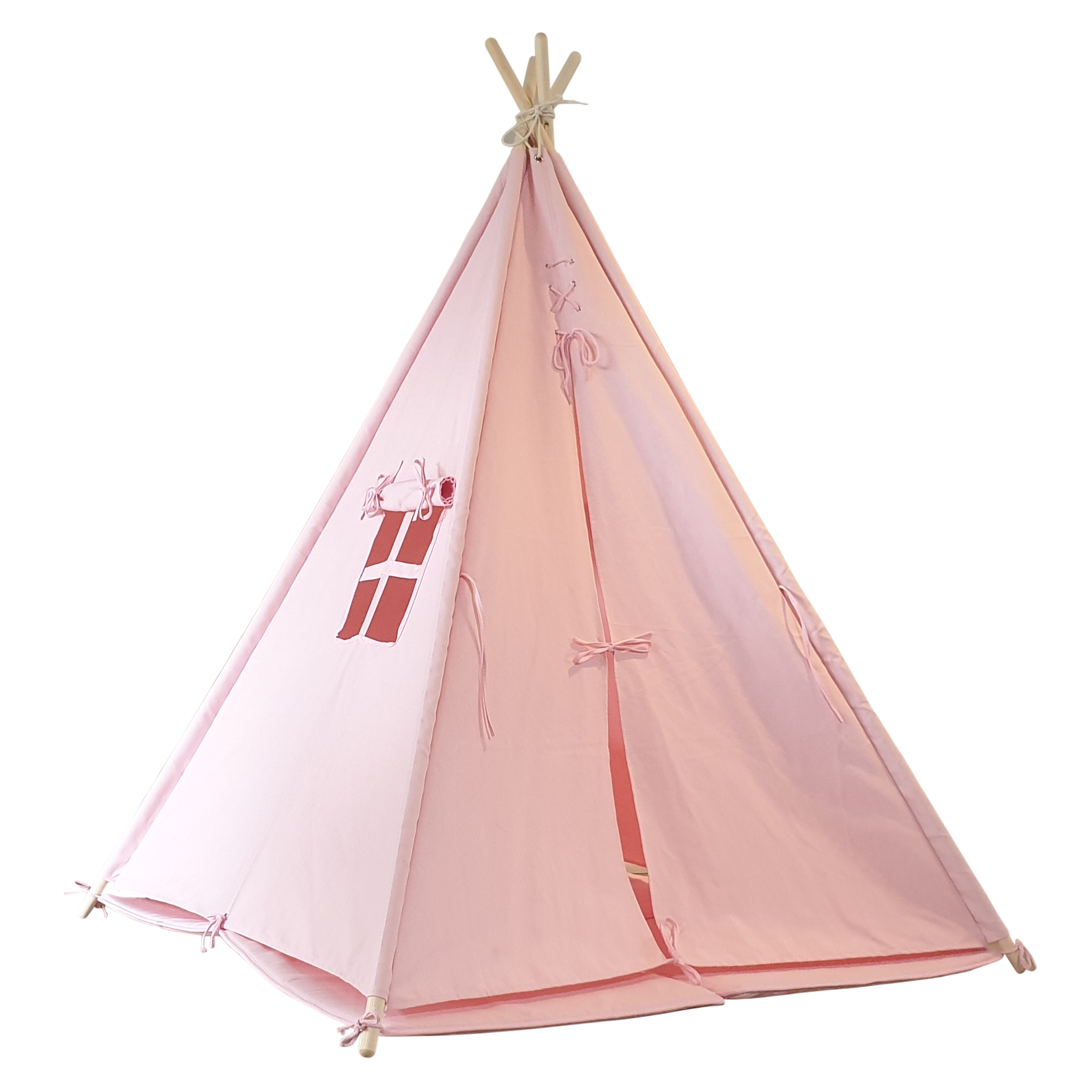 Rosa Tipi-Zelt mit Fenster und offenem Eingang. Von Holzpfählen auf weißem Hintergrund getragen.