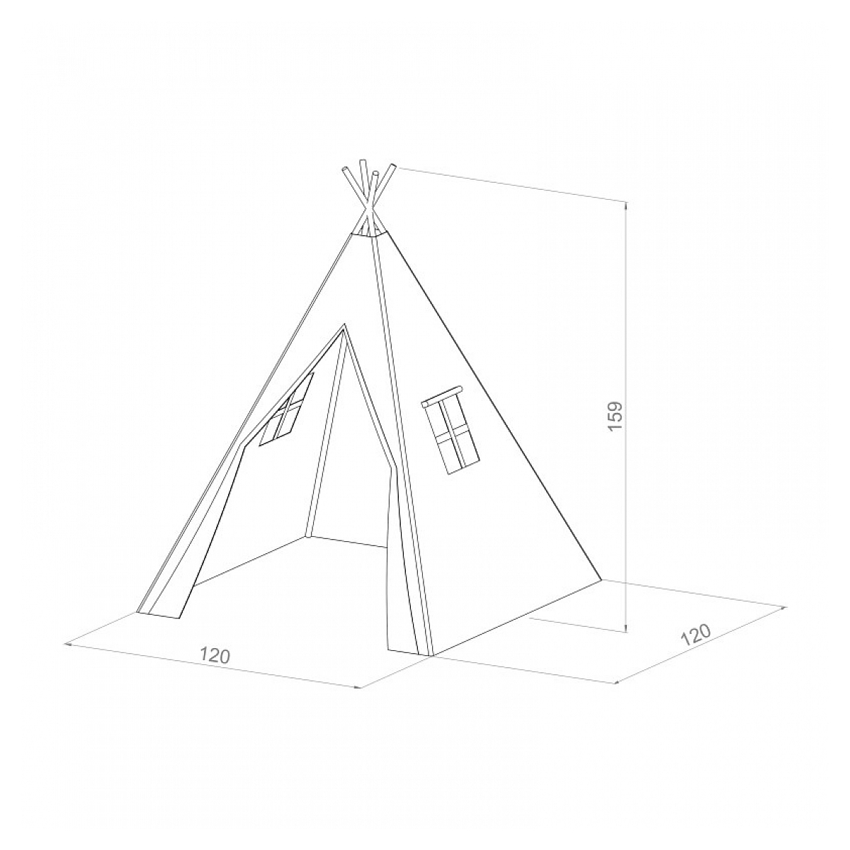 Eine Strichzeichnung eines Tipi-Zeltes, mit Abmessungen. Das Zelt hat zwei Fenster und eine türartige Öffnung.