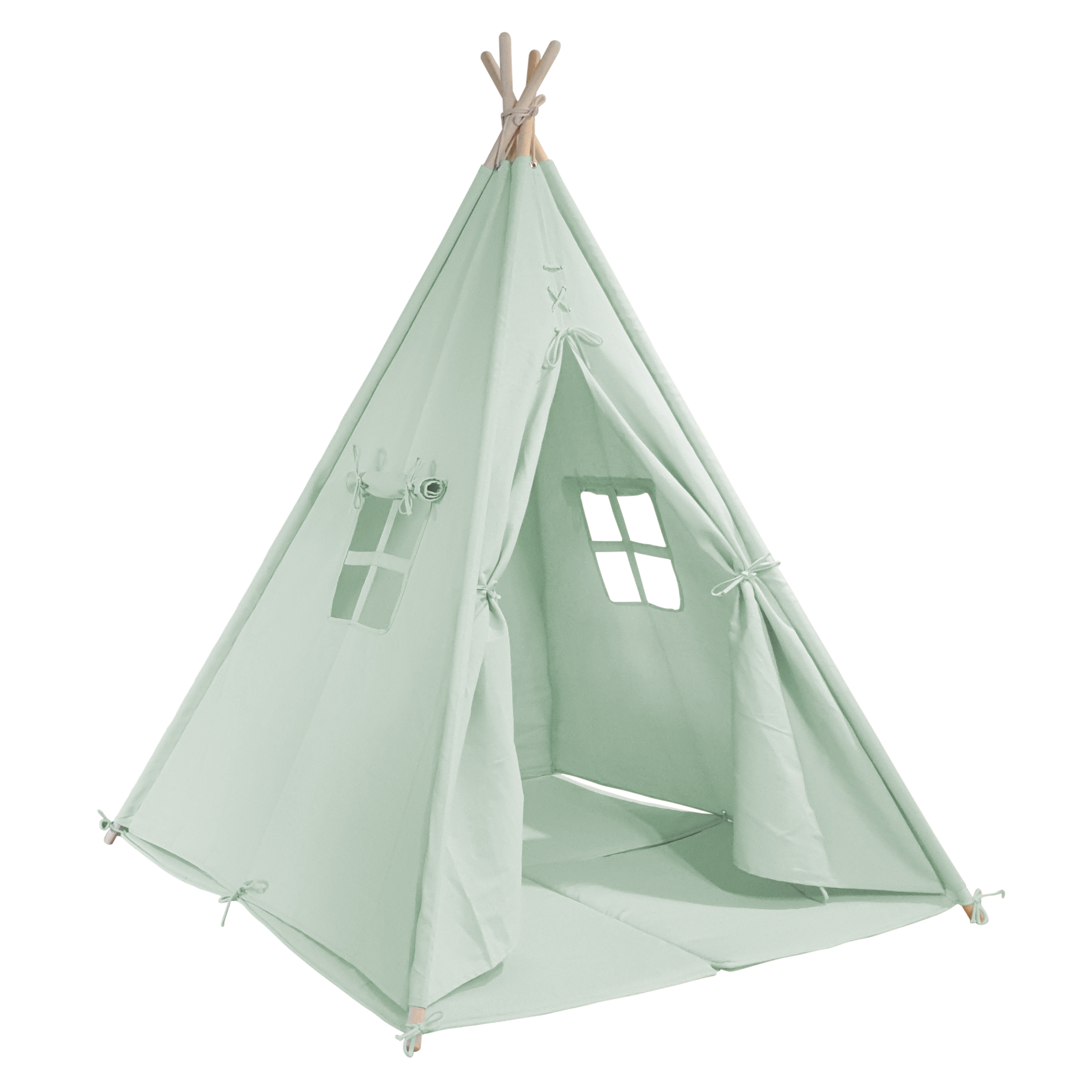 Ein mintgrünes Tipi-Zelt mit offener Vorderseite und Fenstern. Holzpfähle stützen die Struktur.