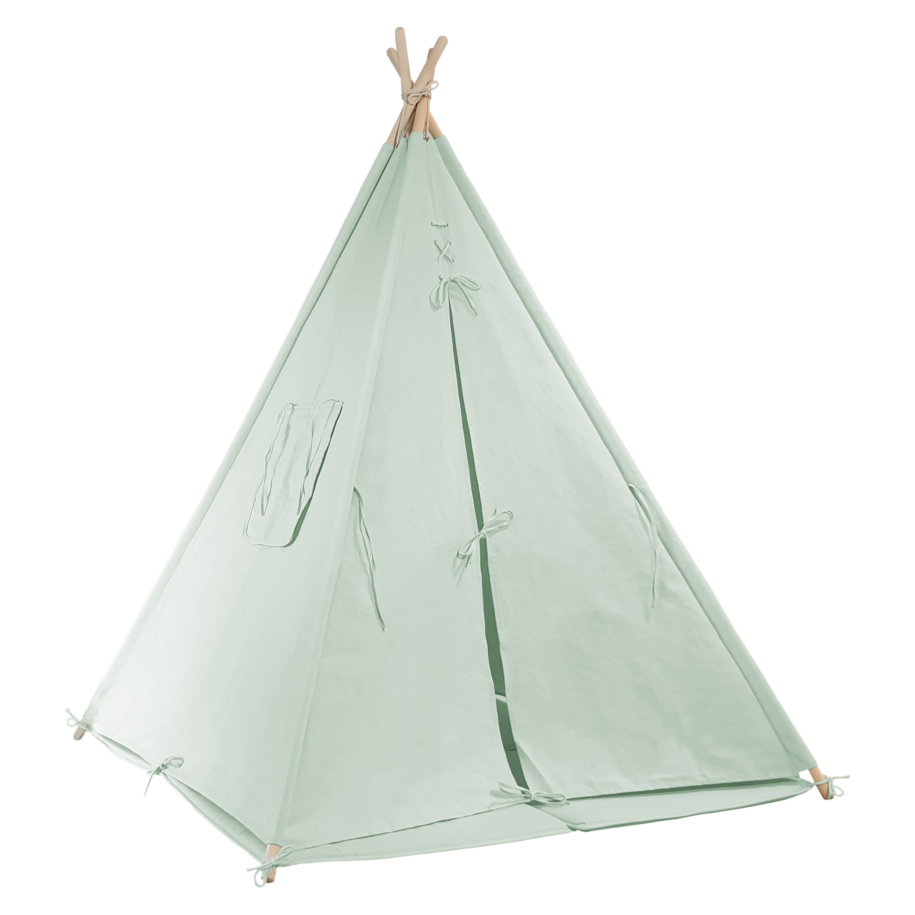 Ein hellgrünes Tipi-Zelt mit Holzstangen und Bindungen, vor weißem Hintergrund.