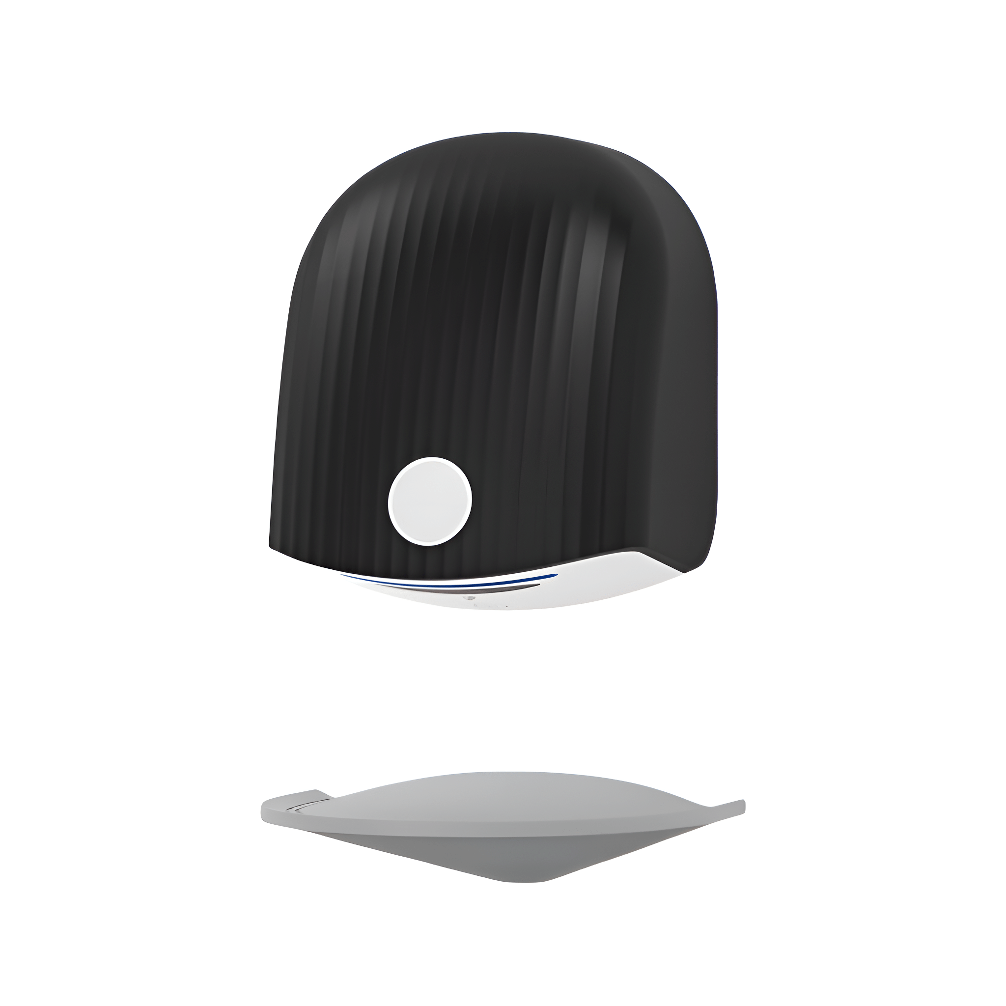 Ein schwarz-weißes, oval geformtes, modern gestaltetes Objekt mit einem weißen Knopf auf der Vorderseite.