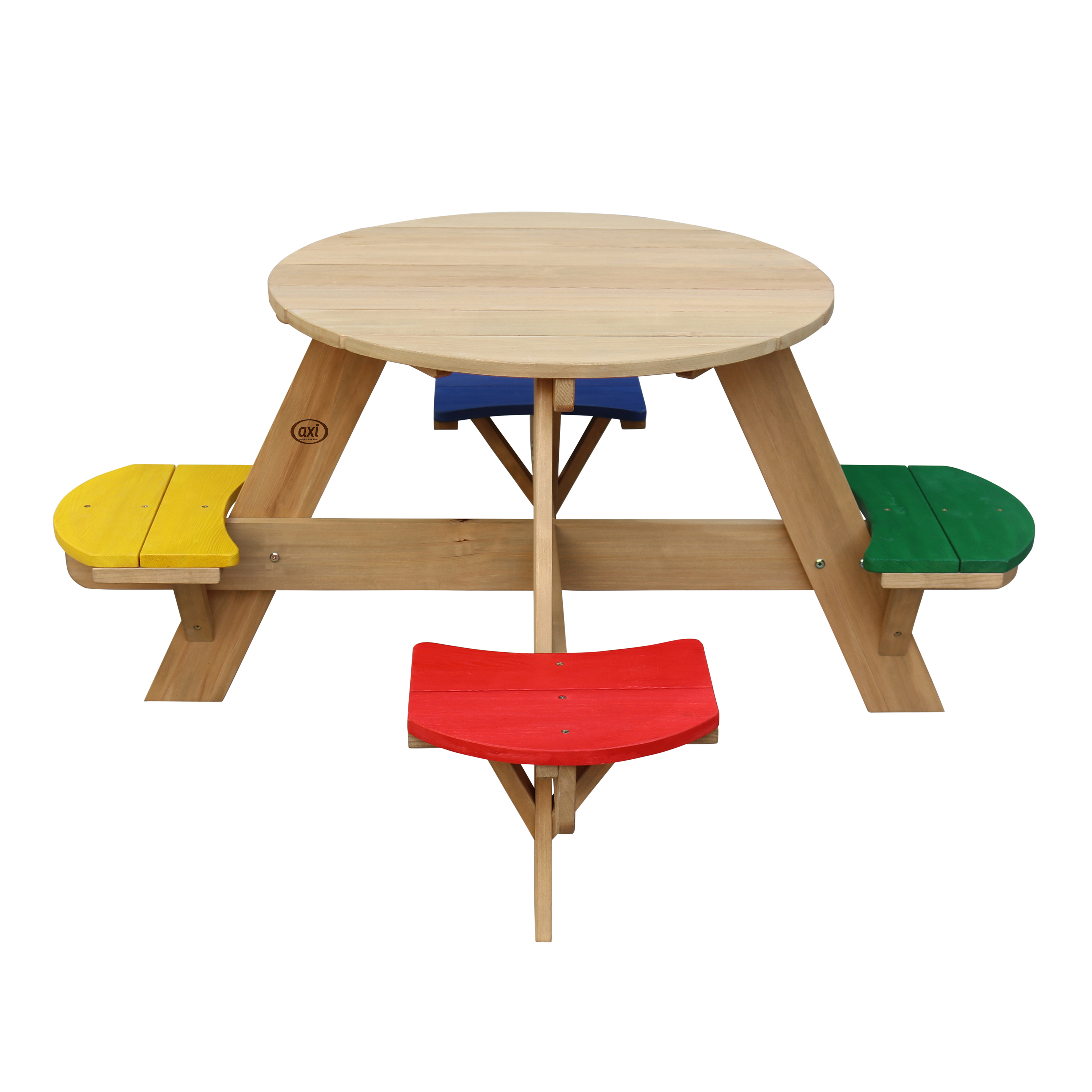 Holz-Picknicktisch mit bunten Sitzen, kreisförmiger Tischplatte und vier Sitzen.