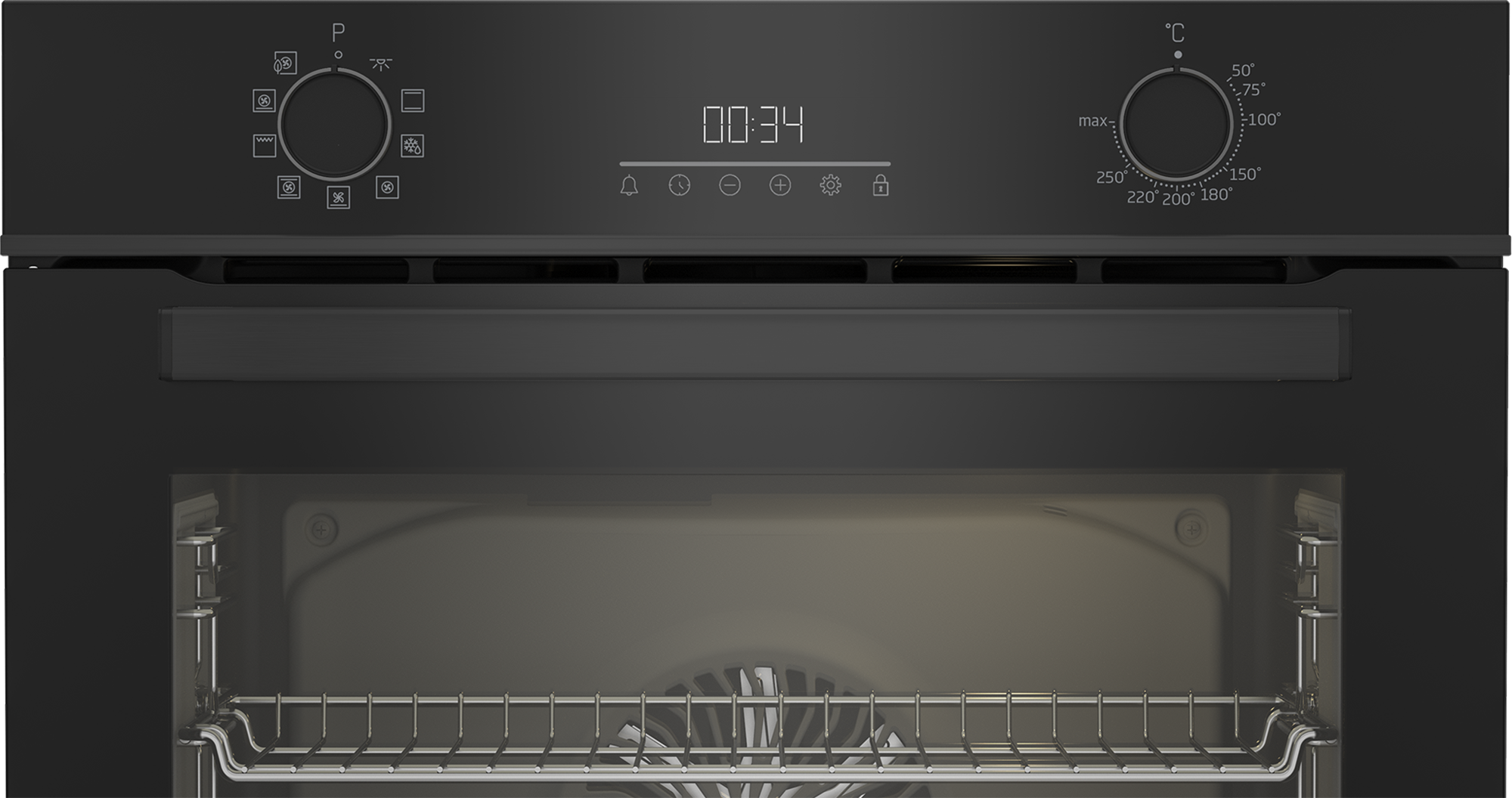 Primo piano di un display digitale e manopole di controllo su un forno nero. Il display mostra l'ora e le impostazioni.