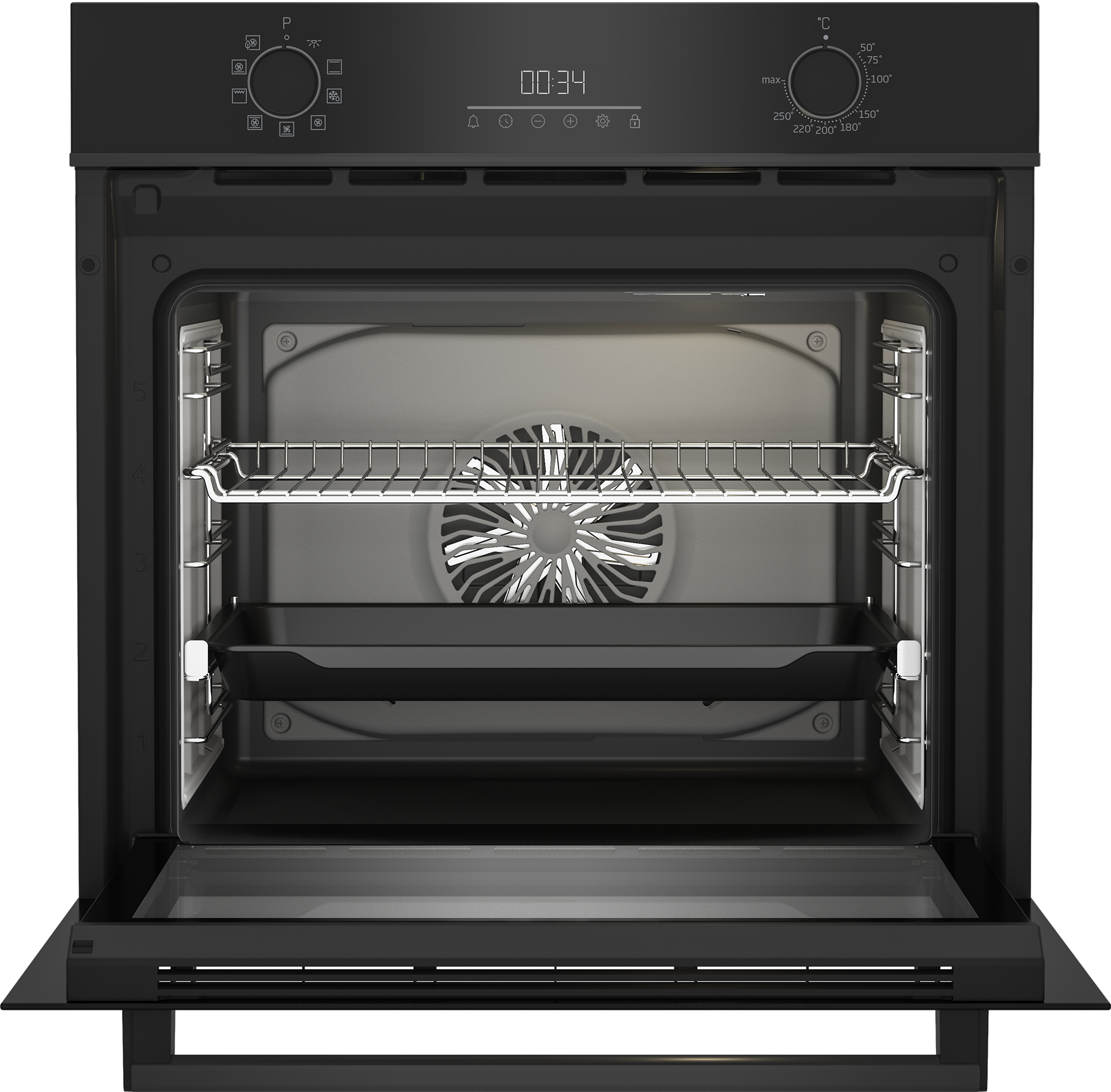 Forno nero aperto con griglie metalliche, una teglia nera e ventola interna, su uno sfondo nero.