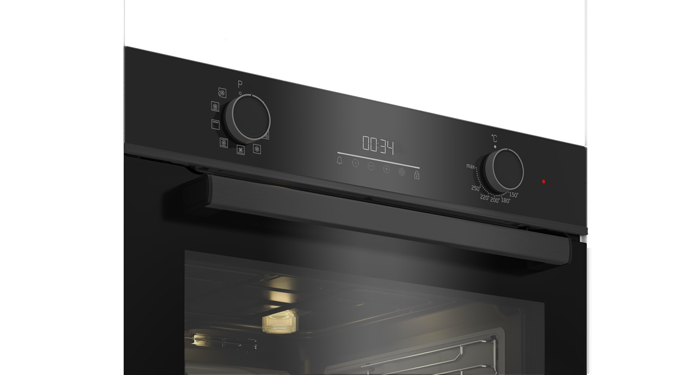 Primo piano del pannello di controllo di un forno, nero, con display digitale e due quadranti.