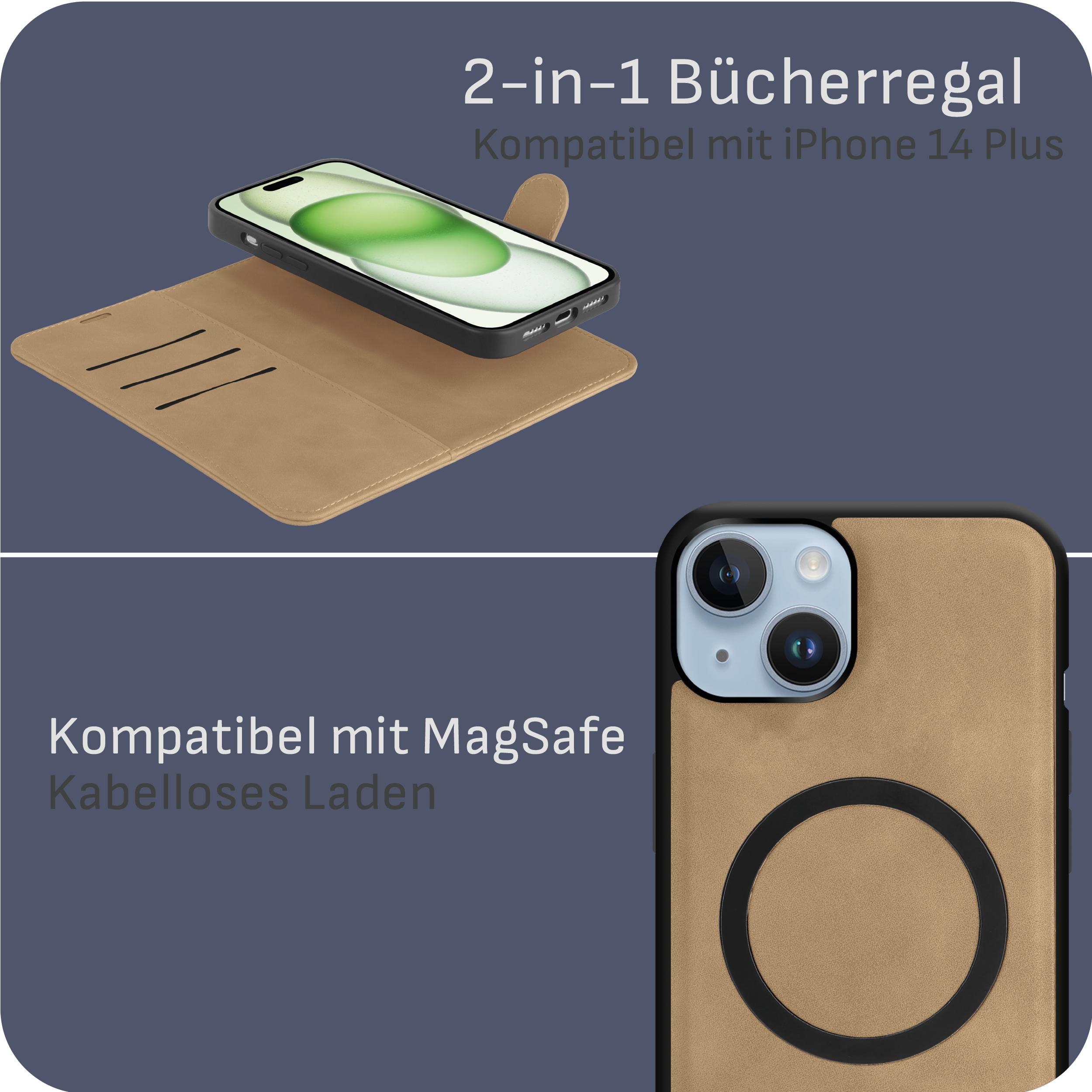 Telefonhülle mit Telefon darin. Die Hülle ist braun, mit einem schwarzen Ring auf der Rückseite.