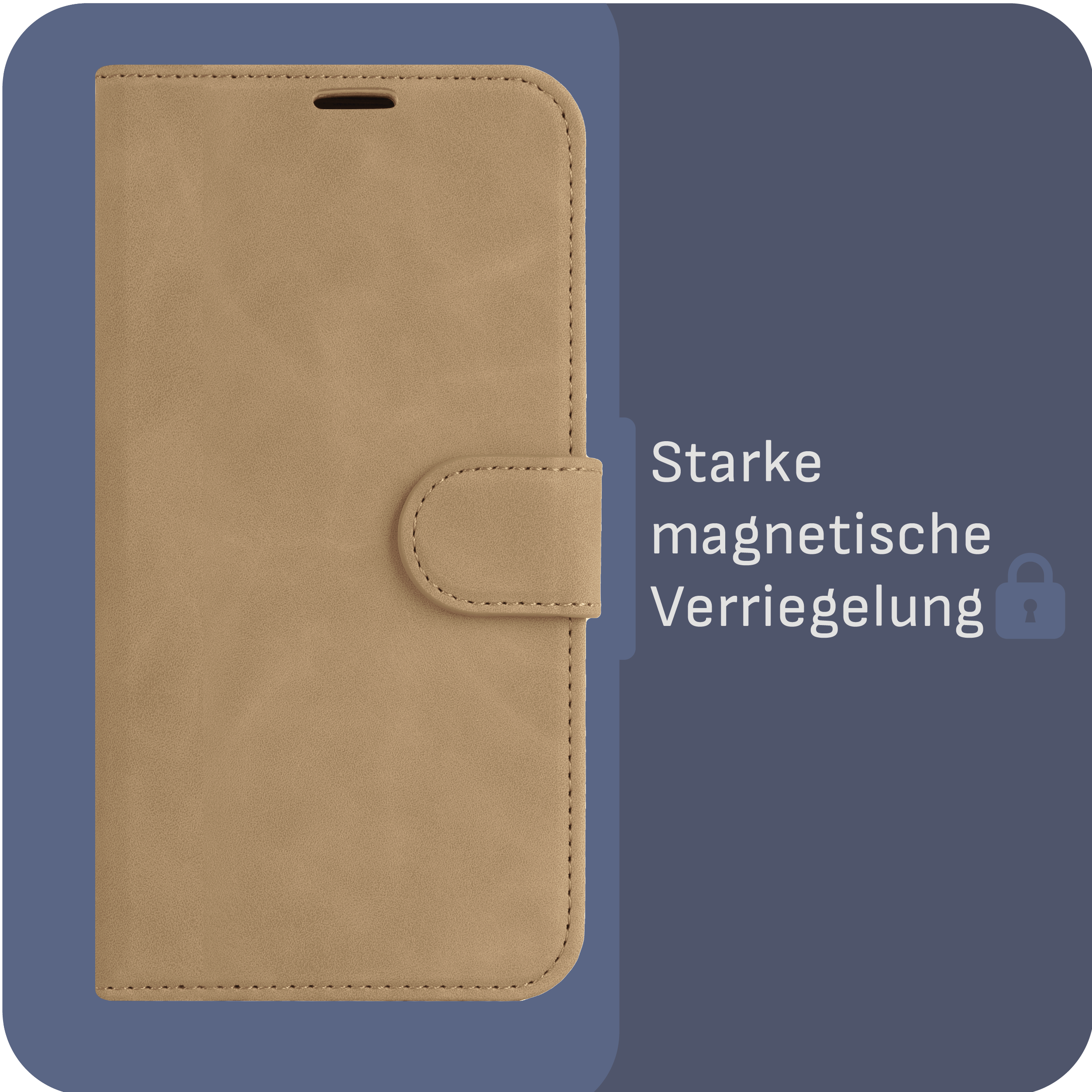 Eine Handyhülle wird geschlossen gezeigt, mit einem Knopfverschluss. Text: 'Starke magnetische Verriegelung'.