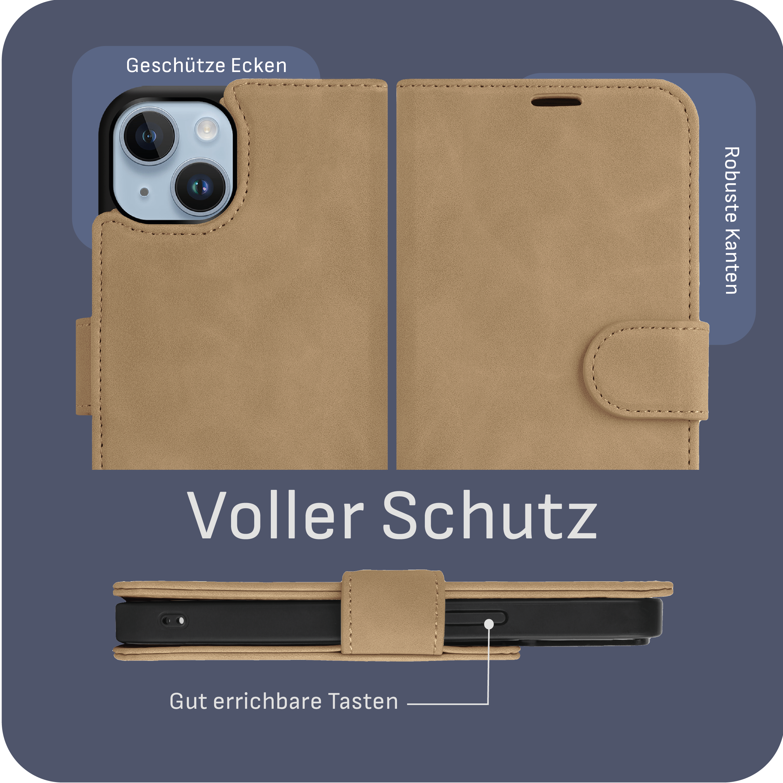 Hellbraune Handyhülle. Zeigt das Telefon im Inneren mit Textkennzeichnungen für geschützte Ecken, robuste Kanten und zugängliche Tasten.