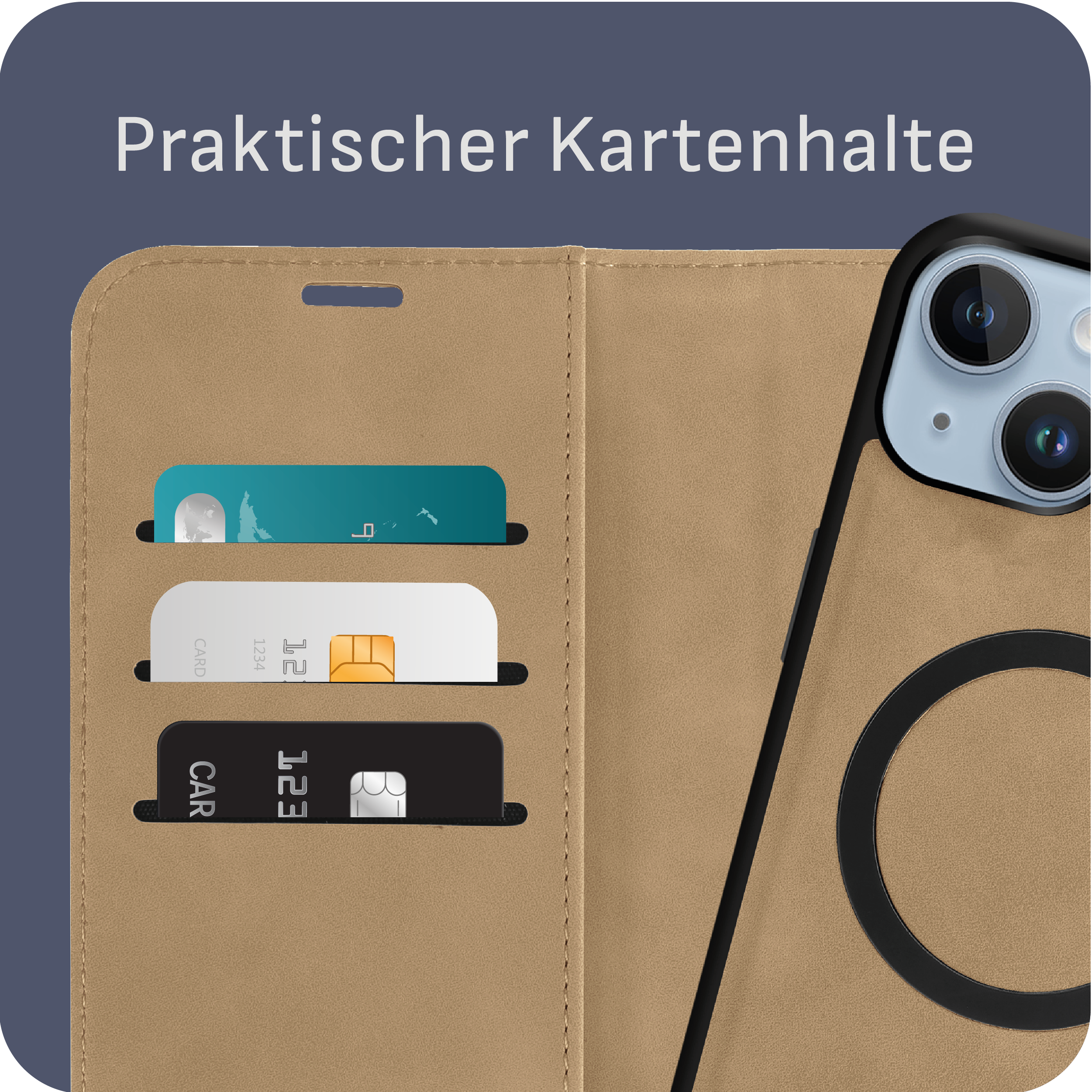 Handyhülle mit Kartenfächern und Telefon.