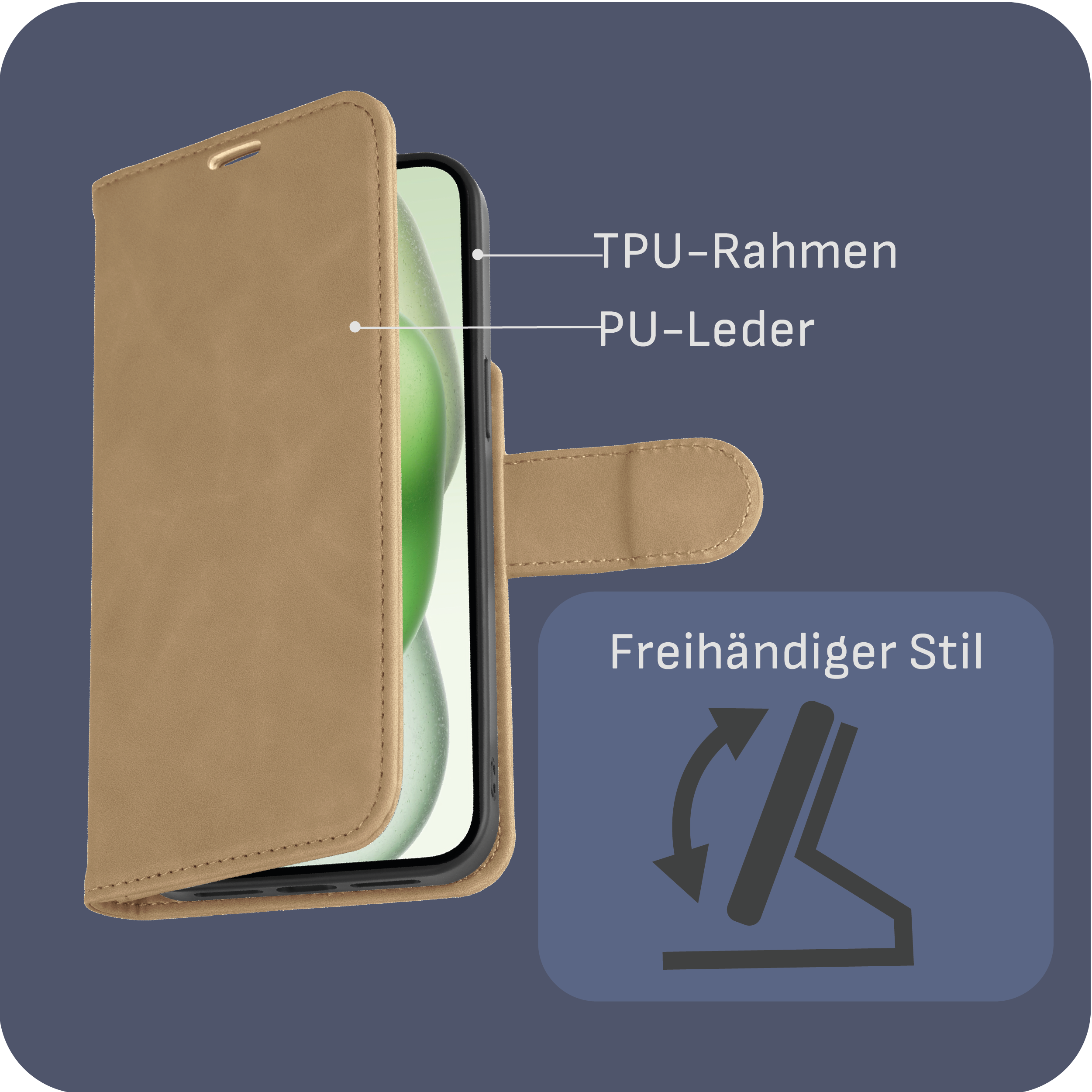 Handyhülle mit Telefon, TPU-Rahmen und PU-Leder, mit Grafik zur Freihand-Funktion.