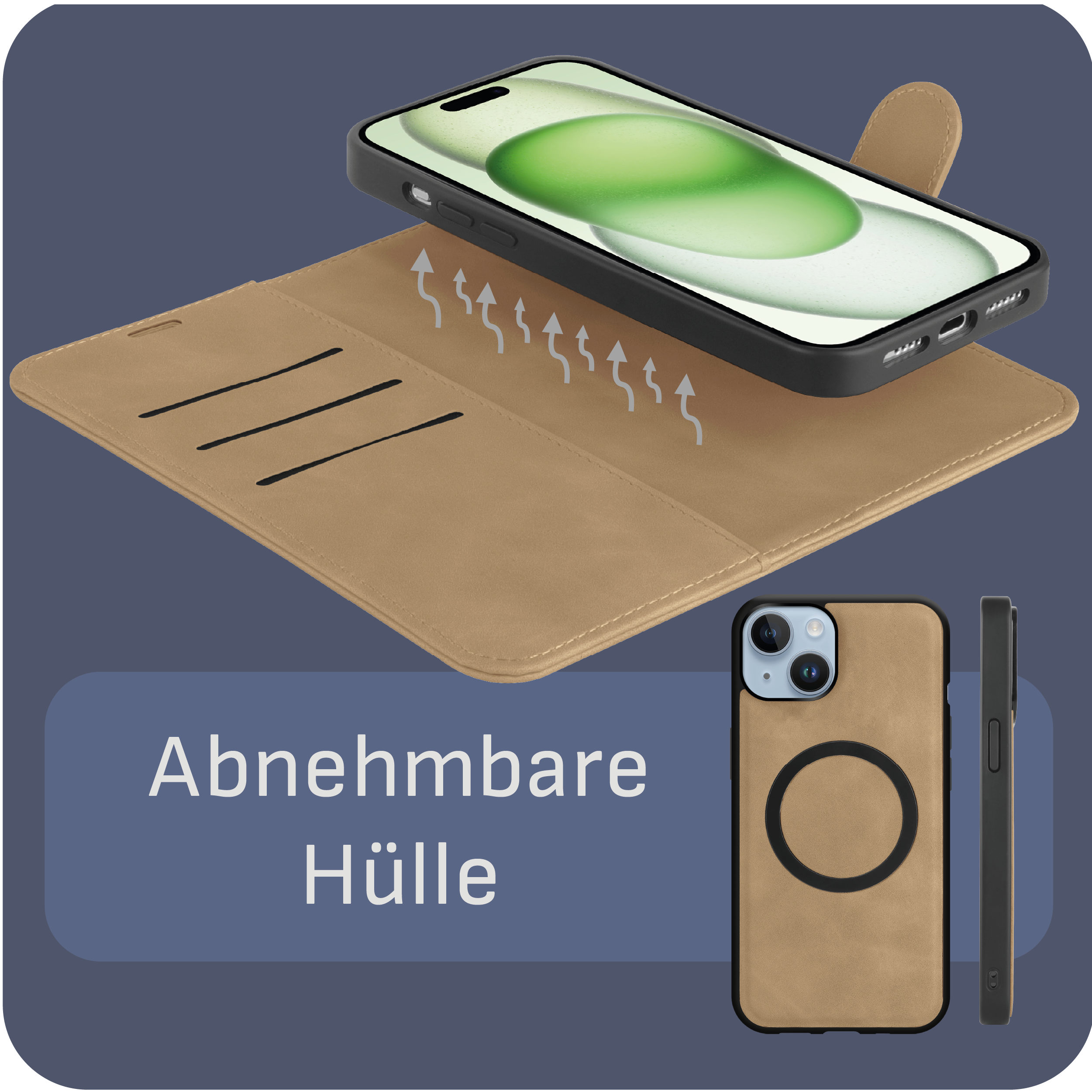 Ein Telefon in einer Schutzhülle. Die Hülle hat eine magnetische, abnehmbare Rückseite. Text: Abnehmbare Hülle.