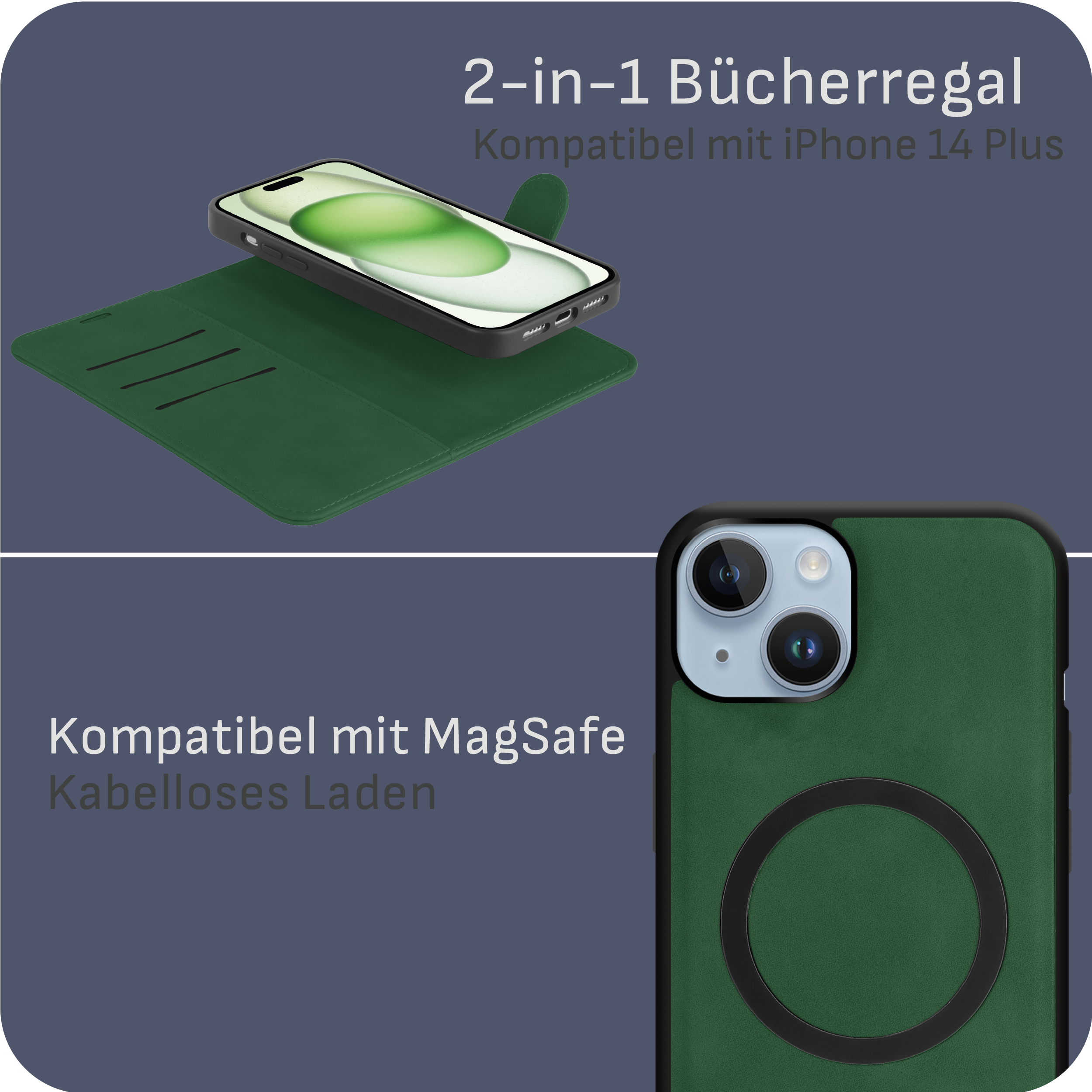 Grüne Handyhülle mit Telefon und Text, 2-in-1 Bücherregal. Kompatibel mit MagSafe.