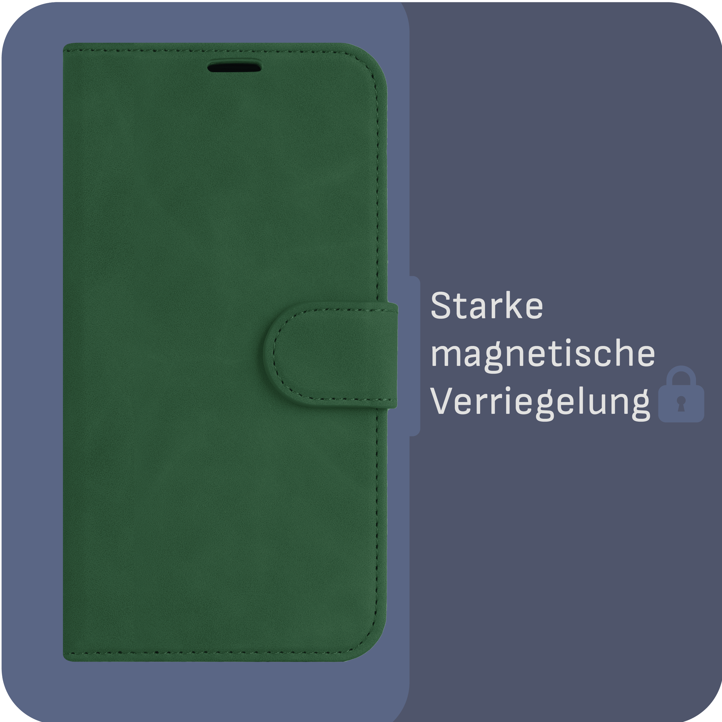 Grüne Leder-Handyhülle mit Magnetverschluss auf dunkelblauem Hintergrund.