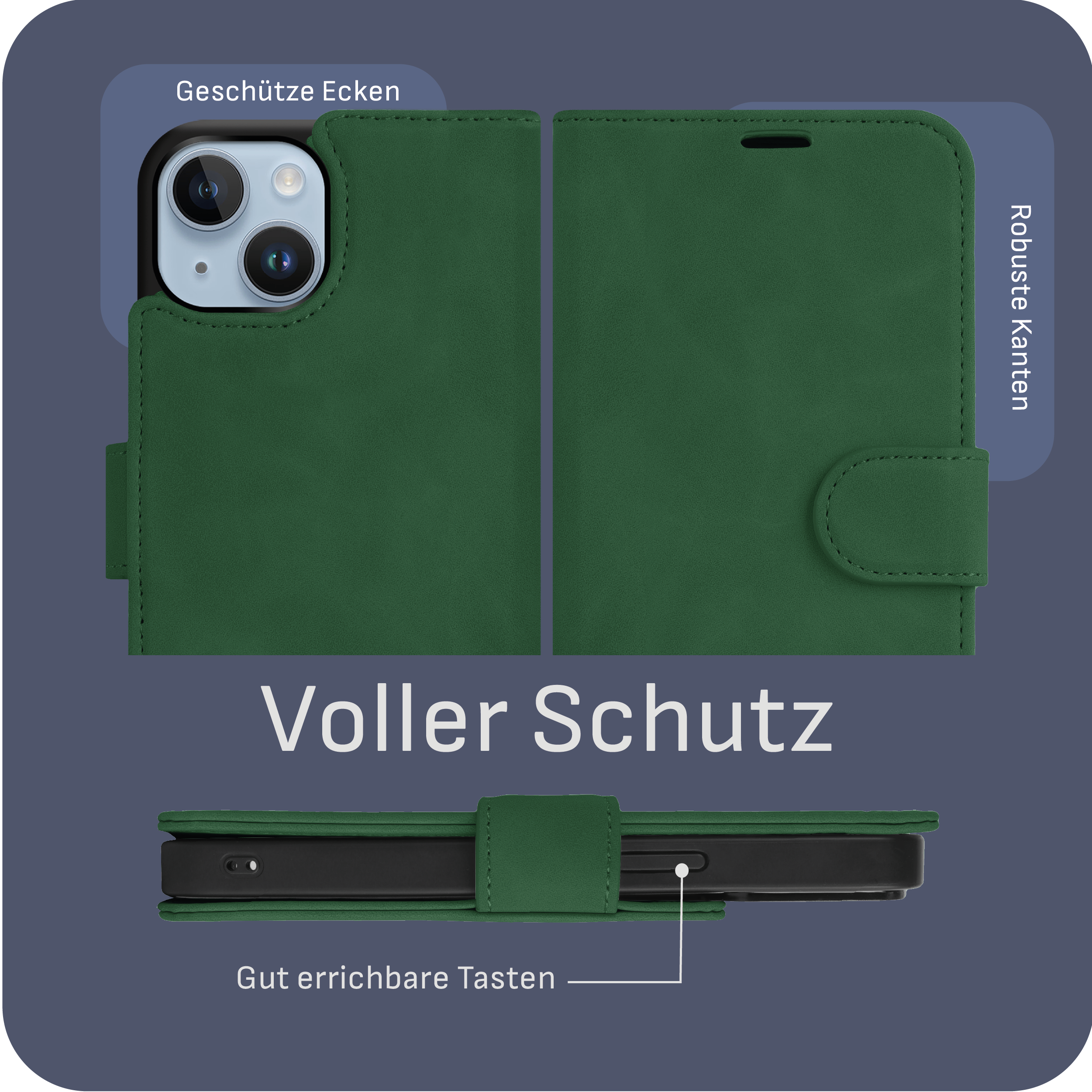 Eine grüne Handyhülle, die die Vorder- und Rückseite des Telefons zeigt, mit Text zur Beschreibung der Funktionen.