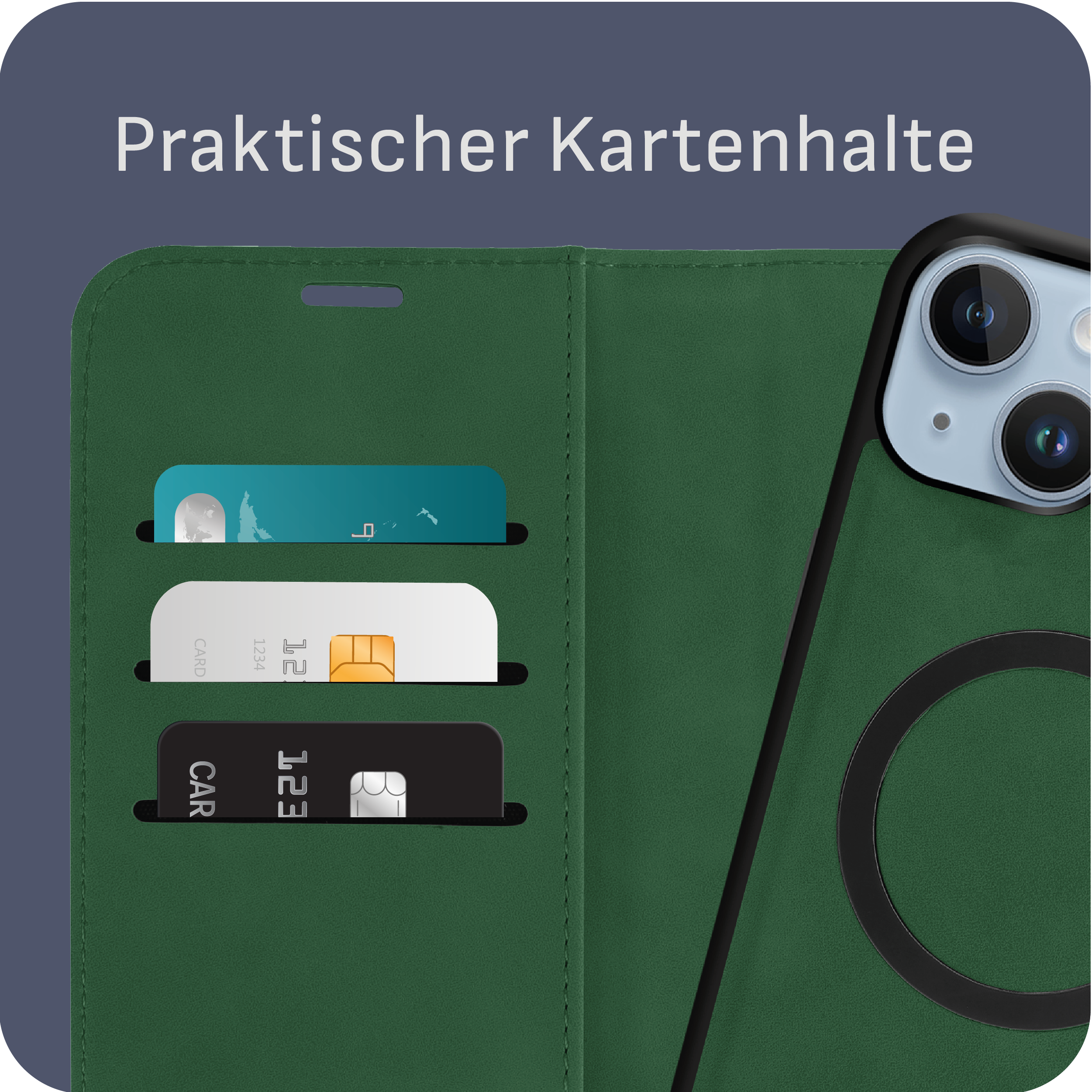 Grüne Handyhülle mit Kartenfächern. Karten sind in den Fächern sichtbar. Text: Praktischer Kartenhalte.