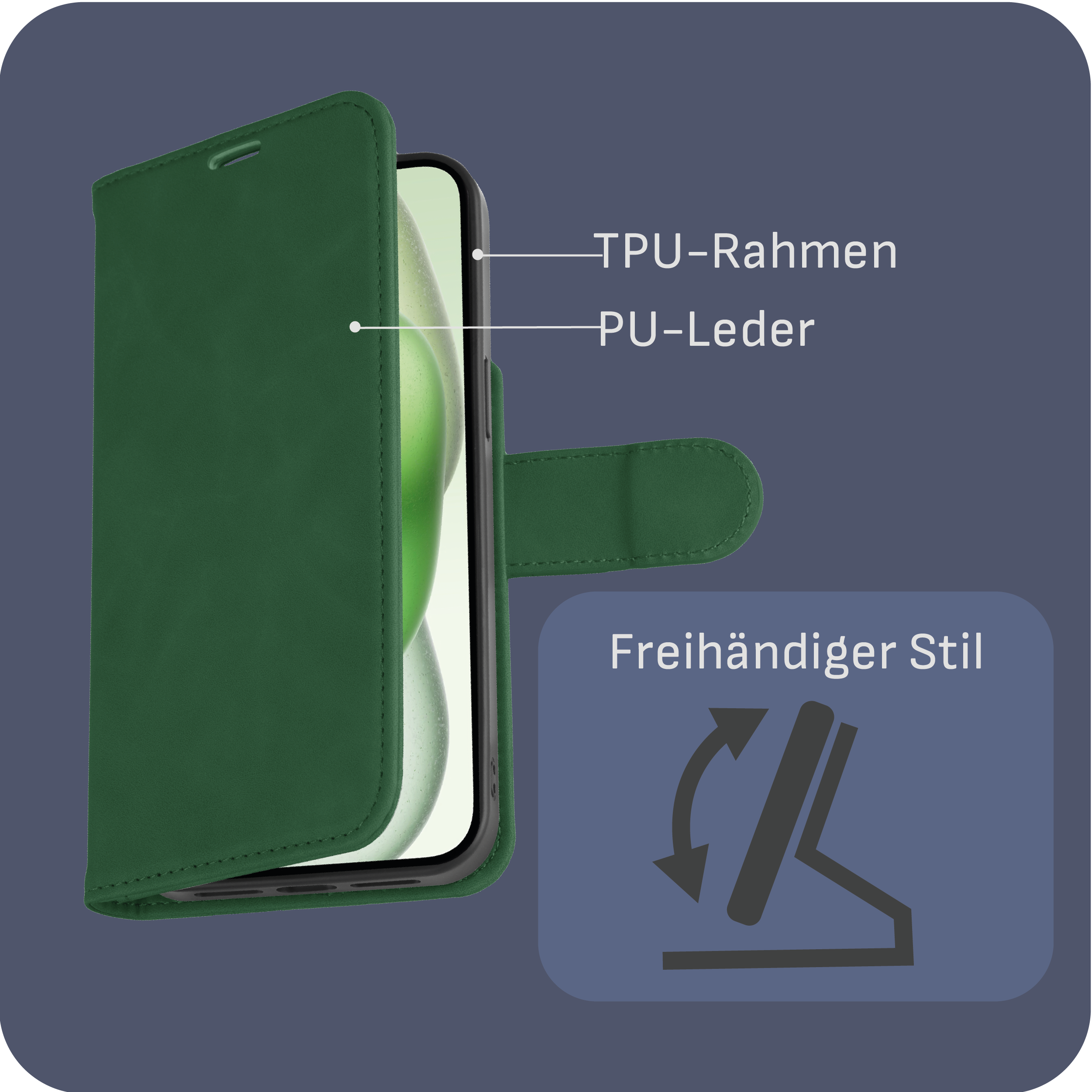 Grüne Handyhülle mit Telefon, auf dunklem Hintergrund.