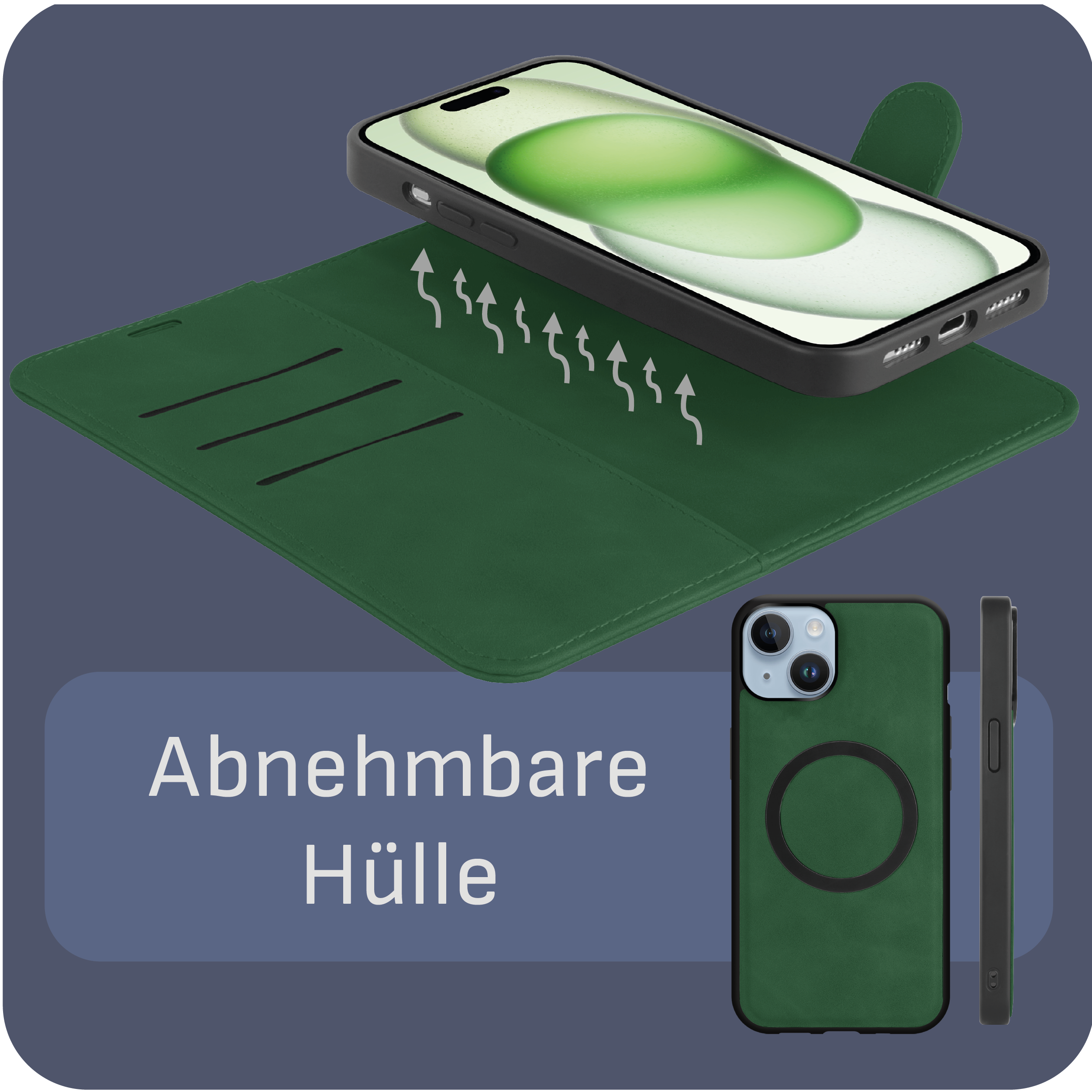 Eine grüne Handyhülle mit einem Telefon darin, neben einer grünen Brieftaschenhülle.