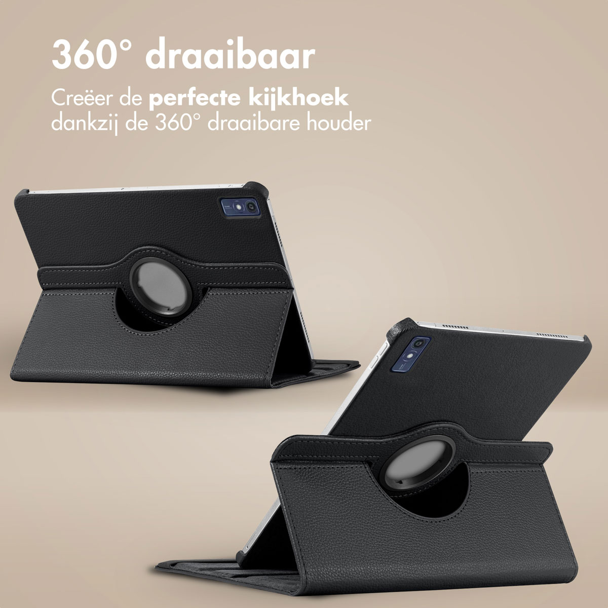 Two black tablet cases with a rotating black circular holder, and the tablet visible.