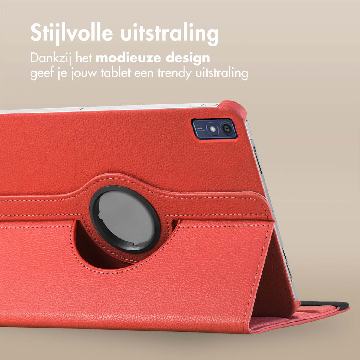 Red tablet case with a rotating stand. Tablet is inside. Beige background.