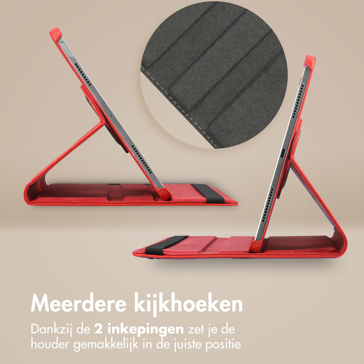 Red tablet case showing two different viewing angles. The case has a cover and a pen holder.