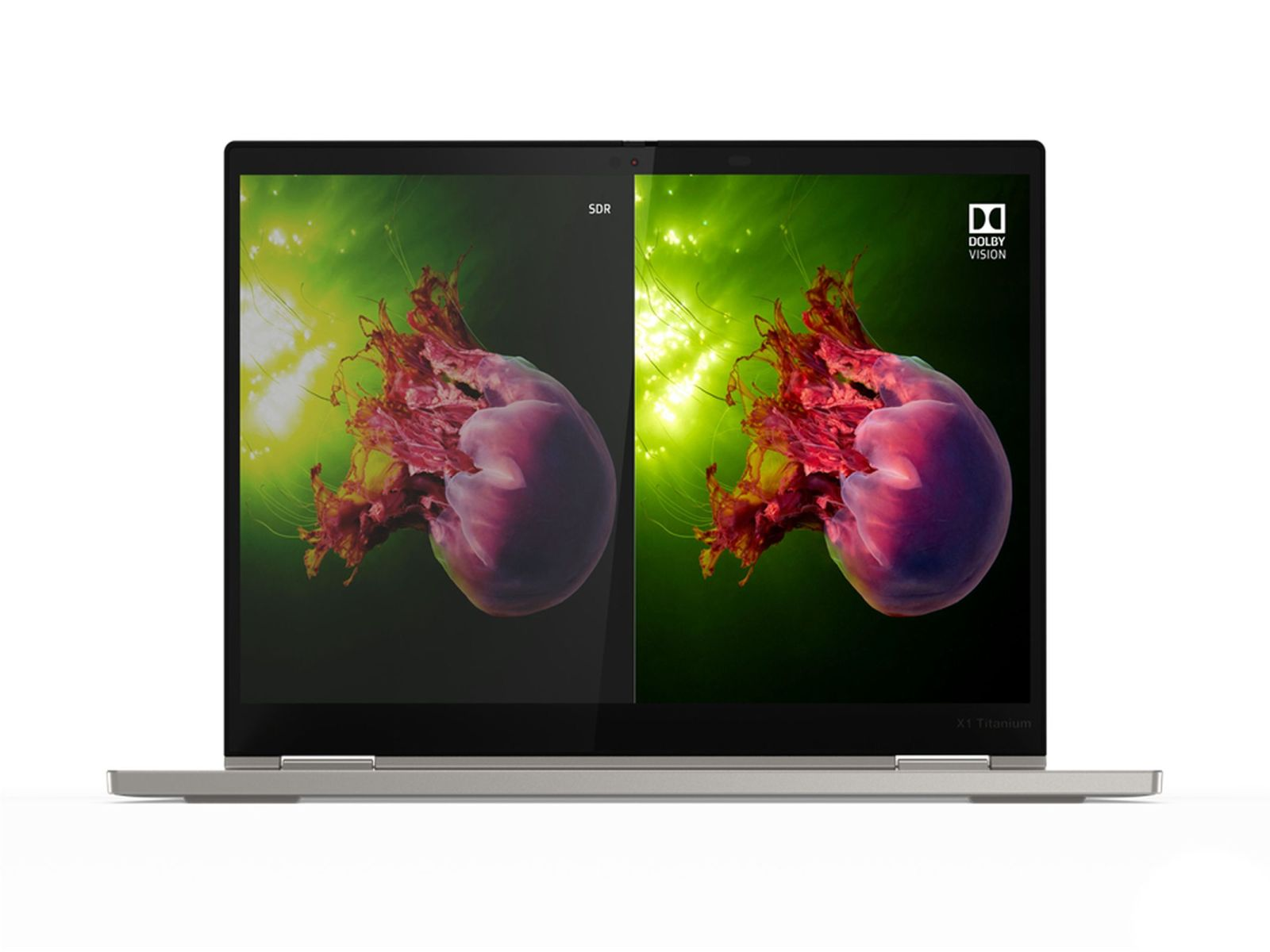 Schermo del laptop diviso, con due diverse modalità di visualizzazione: SDR e Dolby Vision.