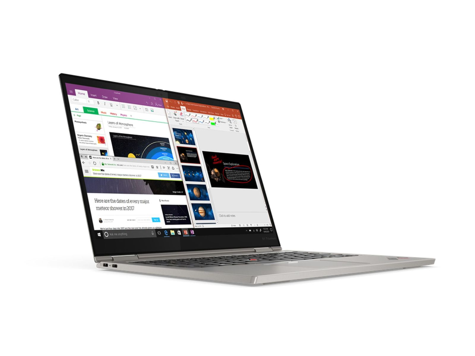 Uno schermo di un laptop che mostra una presentazione con più diapositive. Il laptop è su sfondo bianco.