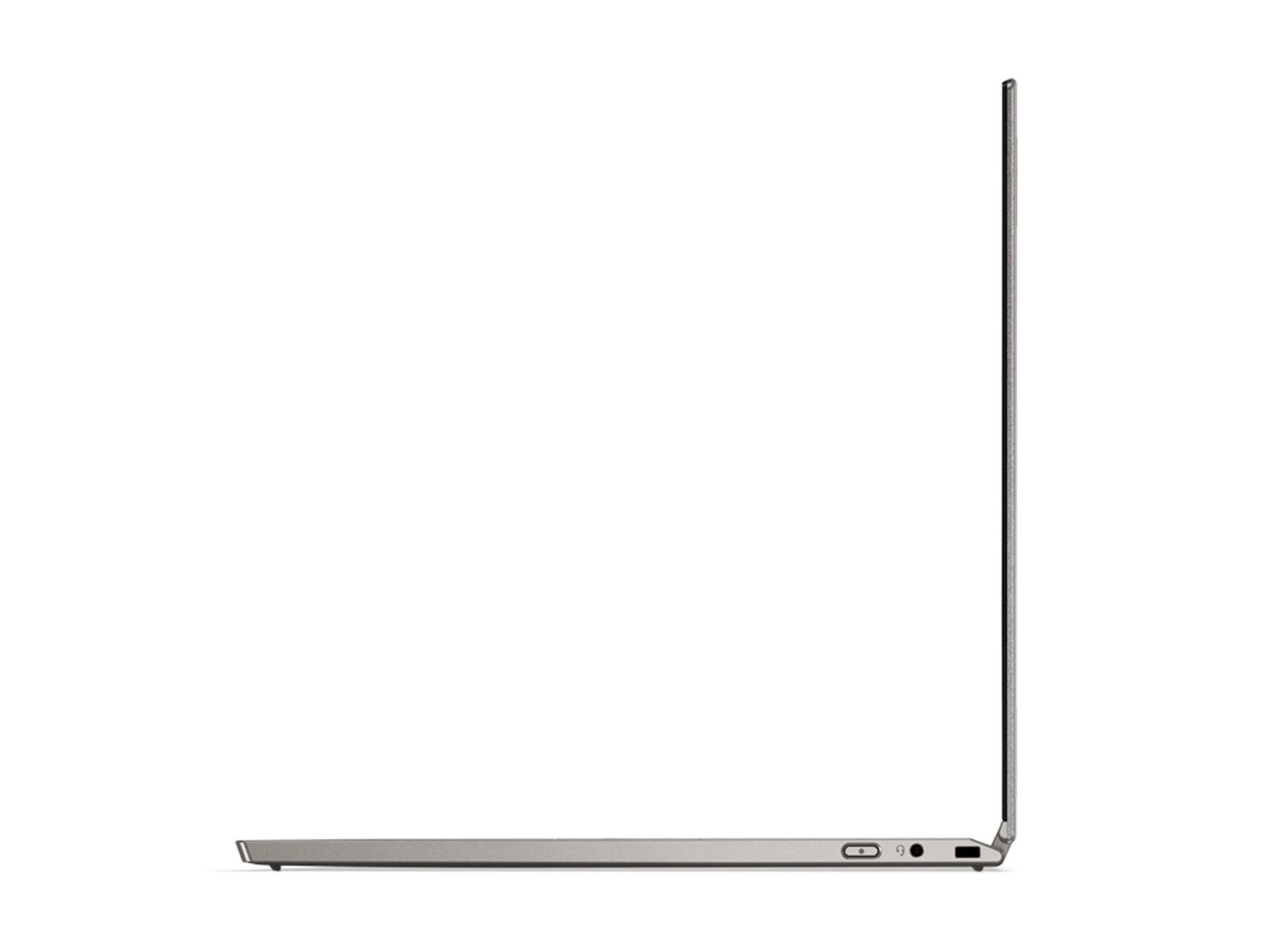 Vista laterale di un laptop. Colore grigio, design minimalista, sfondo bianco.