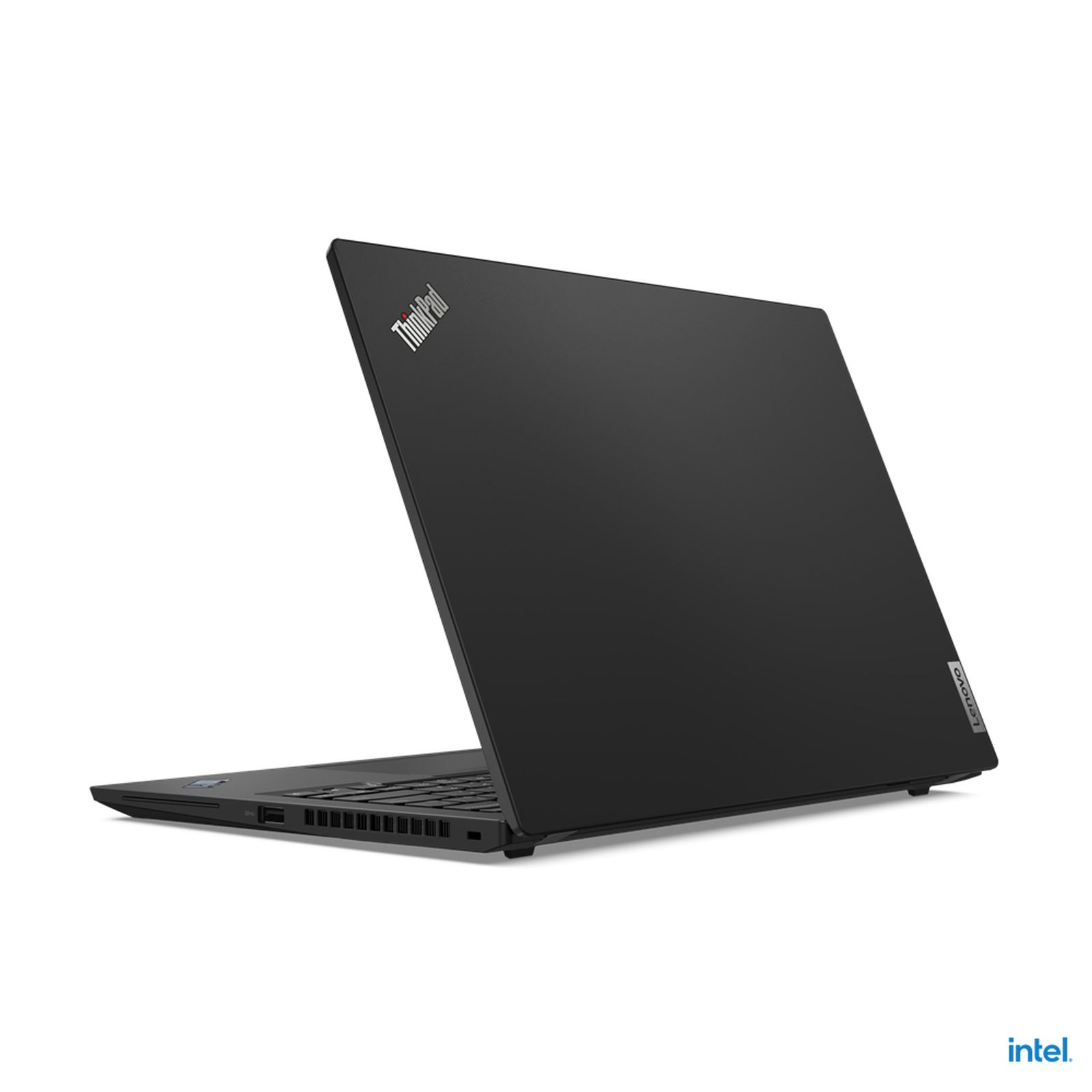 Ein schwarzer Laptop auf weißem Hintergrund, mit dem ThinkPad-Logo auf dem Deckel.