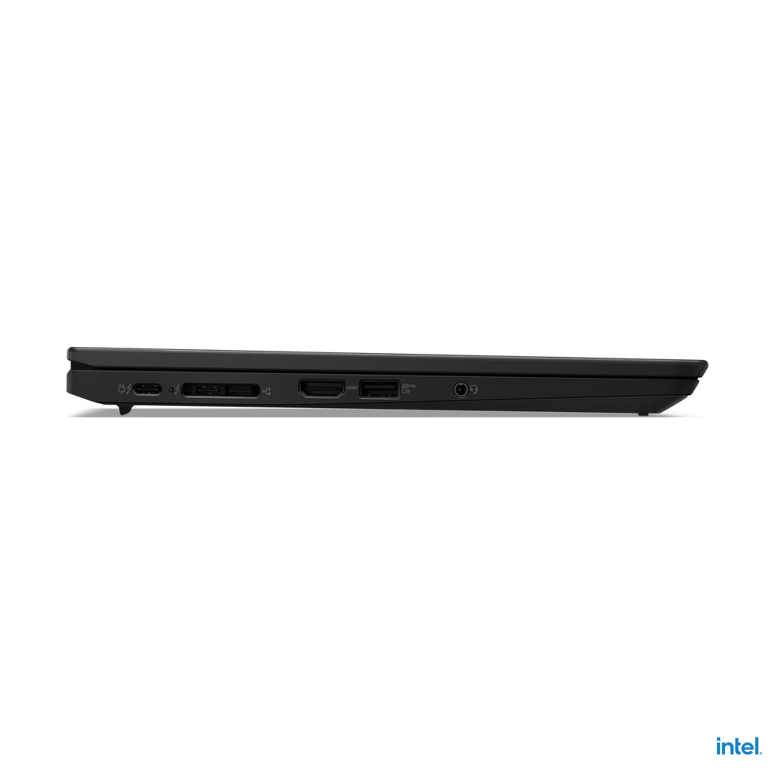 Seitenansicht eines schwarzen Laptops mit Anschlüssen, Intel-Logo unten.