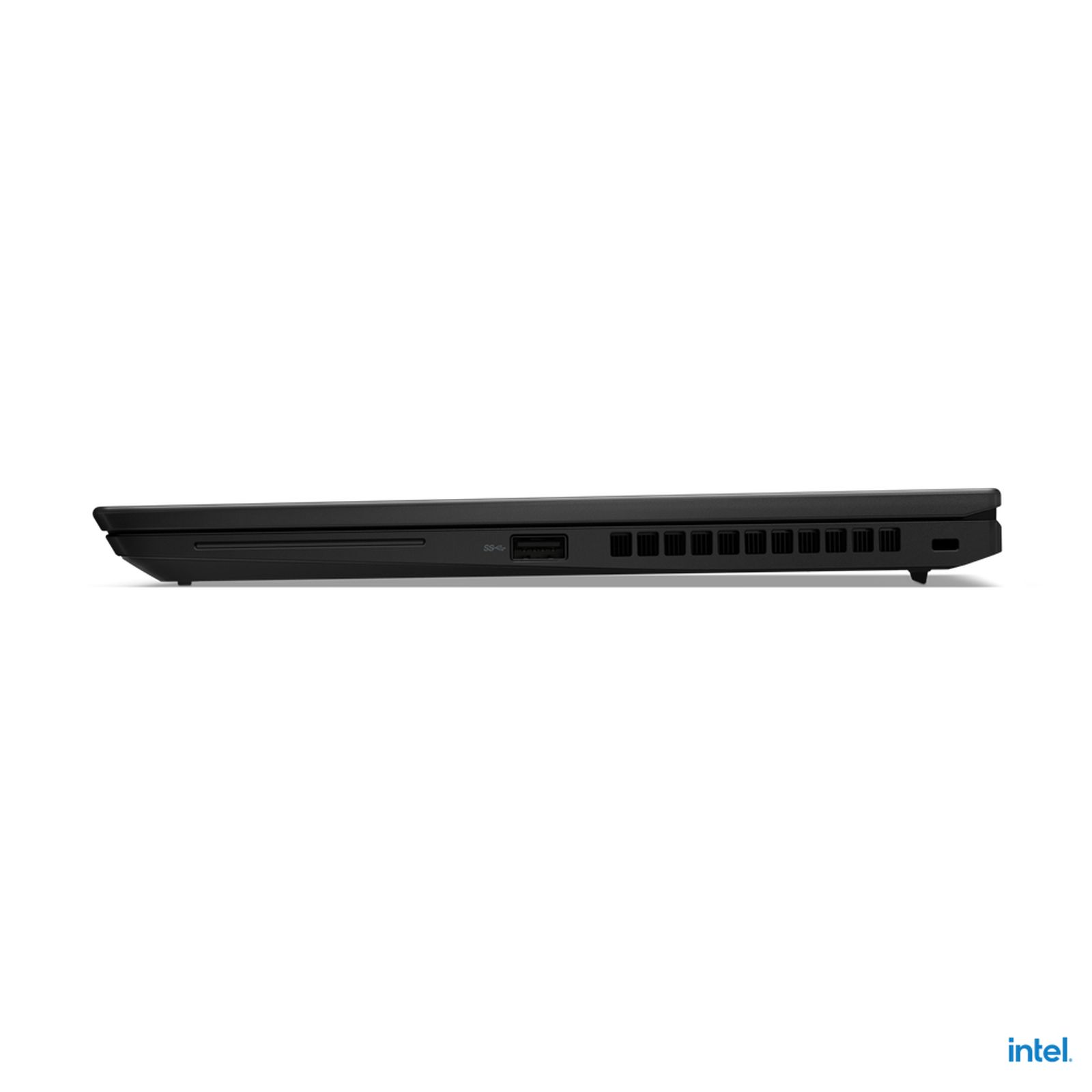 Schwarze Laptop-Seitenansicht, zeigt Anschlüsse und das Intel-Logo auf weißem Hintergrund.
