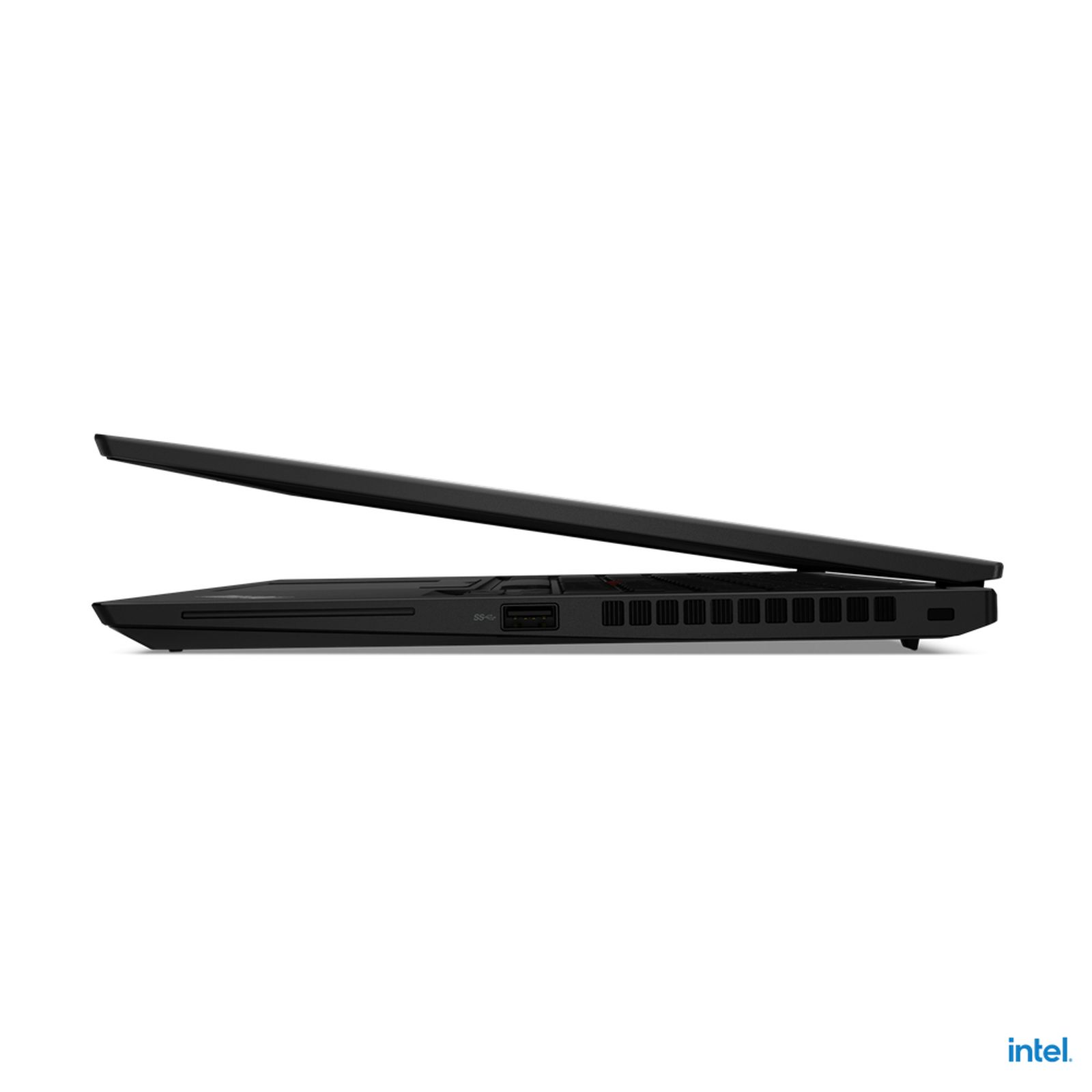 Seitenansicht eines schwarzen Laptops mit leicht geöffnetem Bildschirm. Das Intel-Logo ist unten sichtbar.