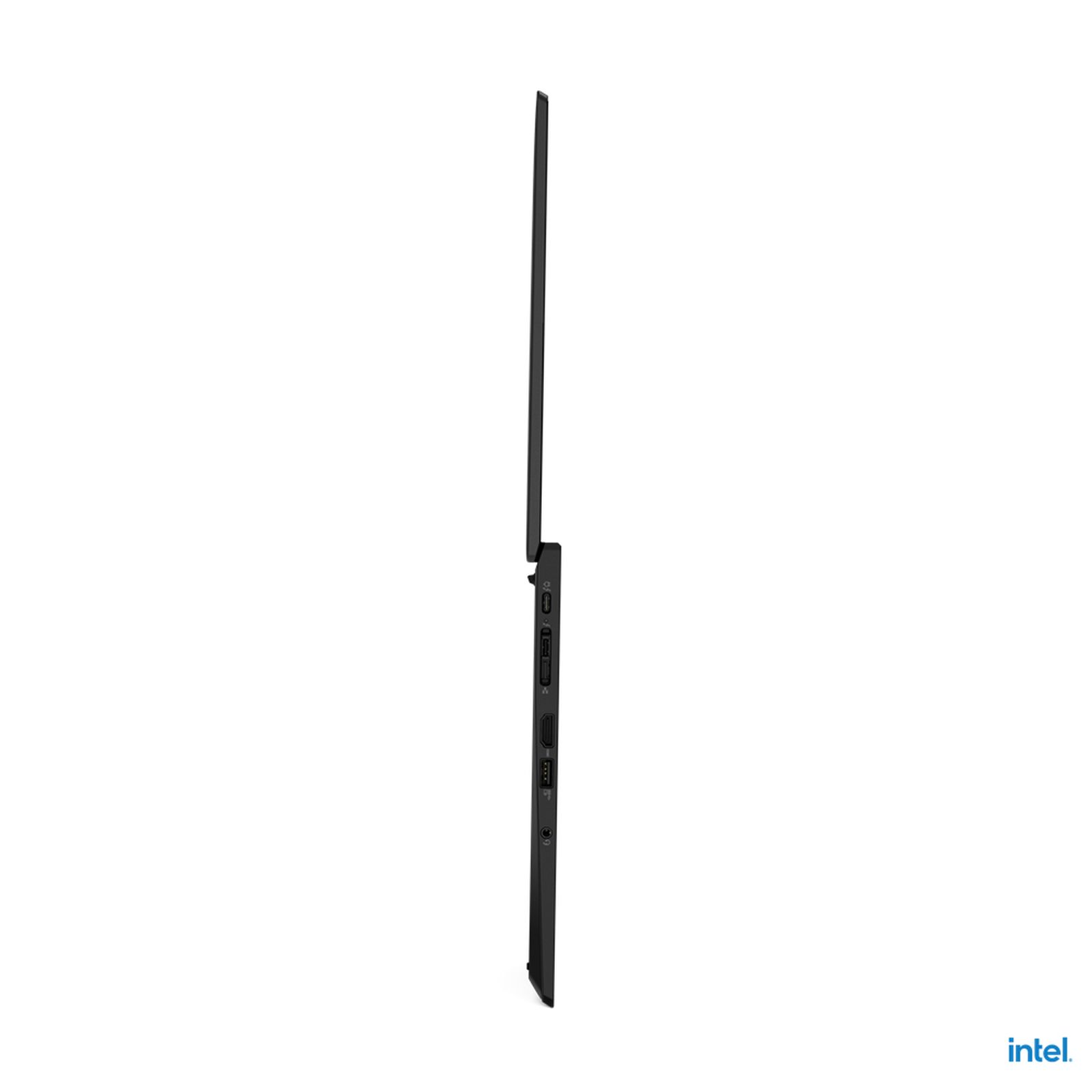 Seitenansicht eines schwarzen Laptops mit dünnem Profil. Das Intel-Logo ist unten sichtbar.