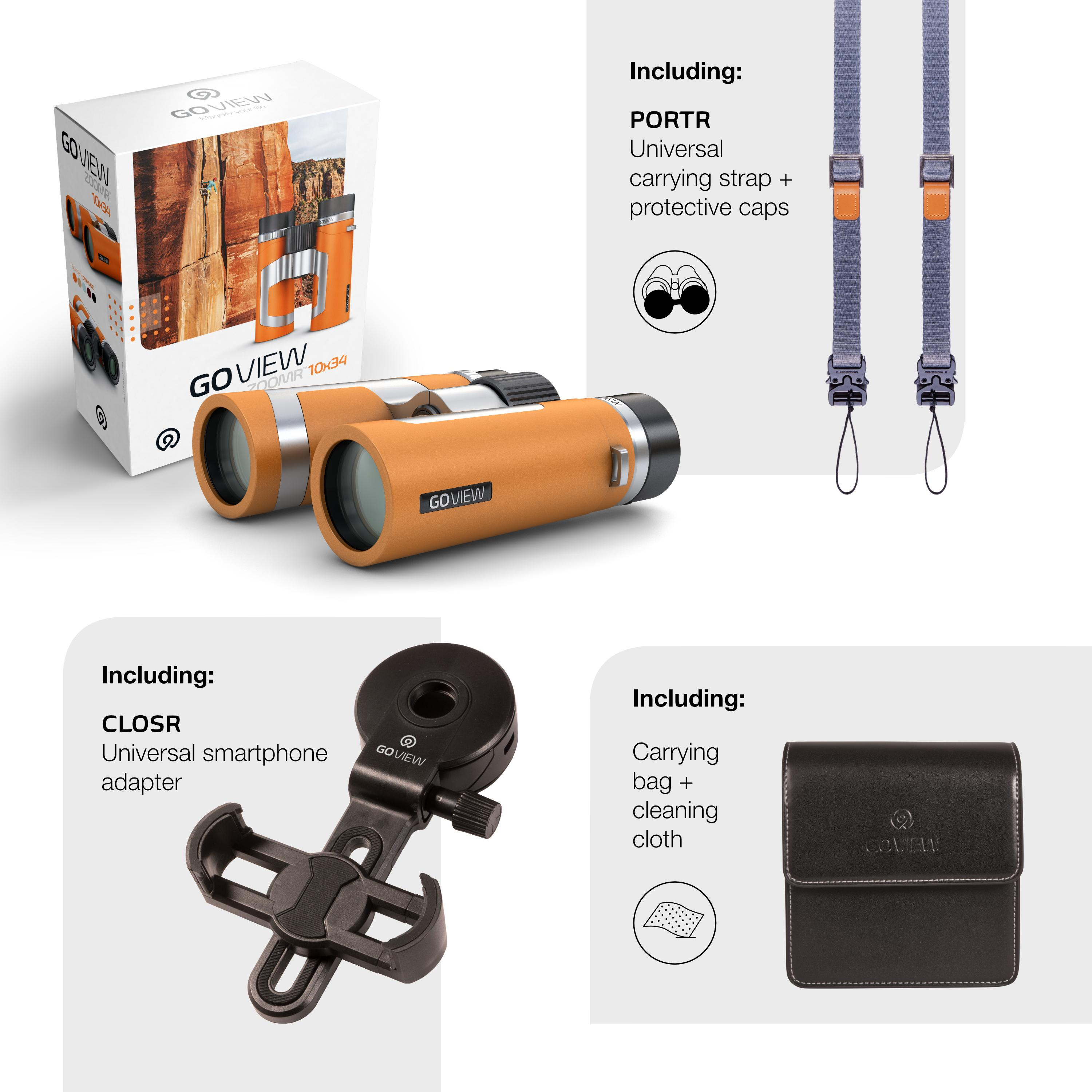 Jumelles, étui, sangle et adaptateur de téléphone. Composants du produit affichés.