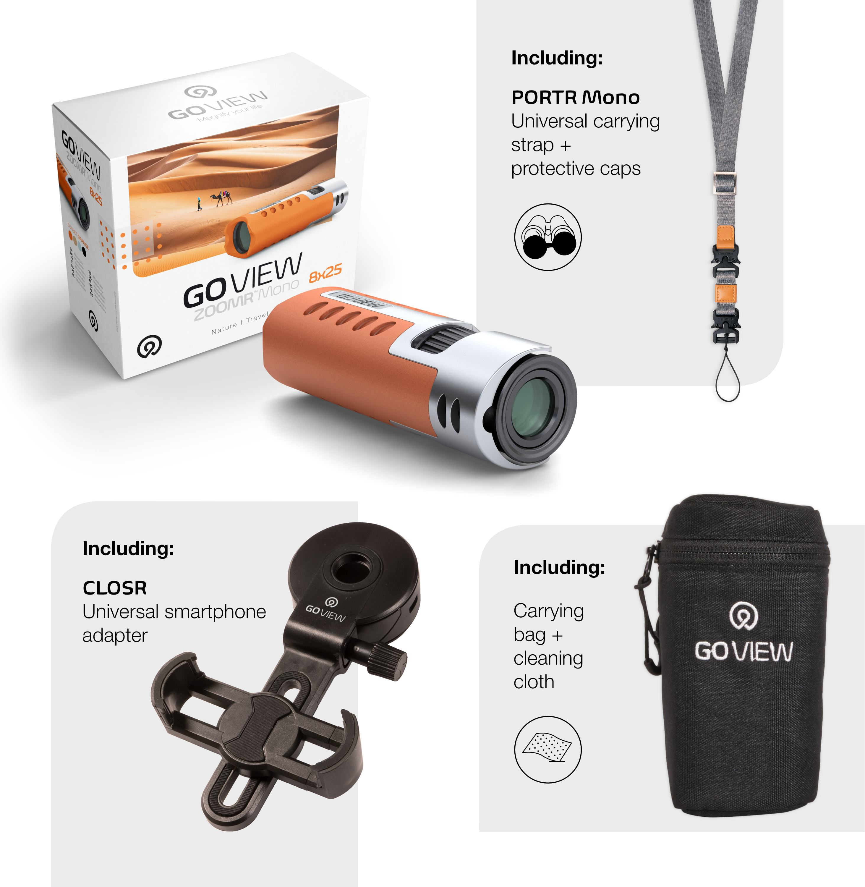 Un kit binocolo. Include binocolo, tracolla e adattatore. La scatola è visibile a sinistra.