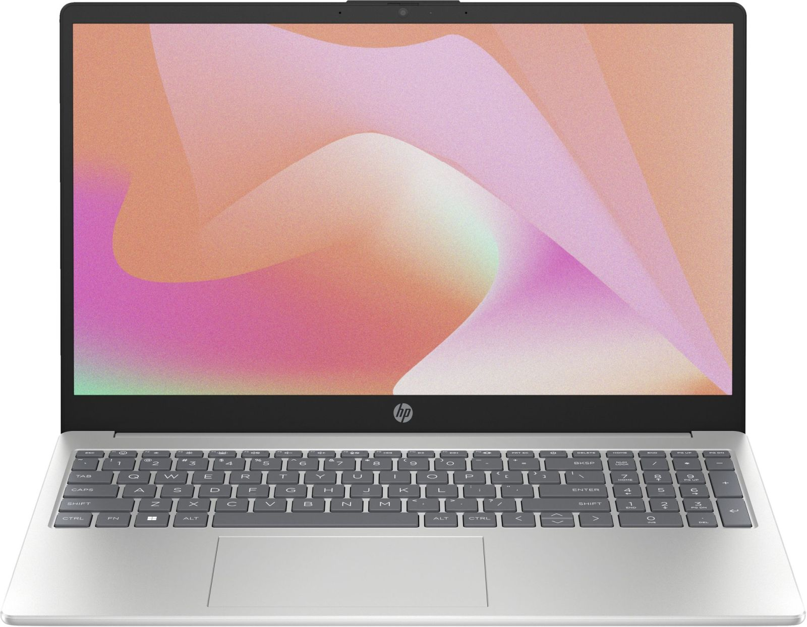 Laptop HP argentato con schermo colorato, tastiera e trackpad.