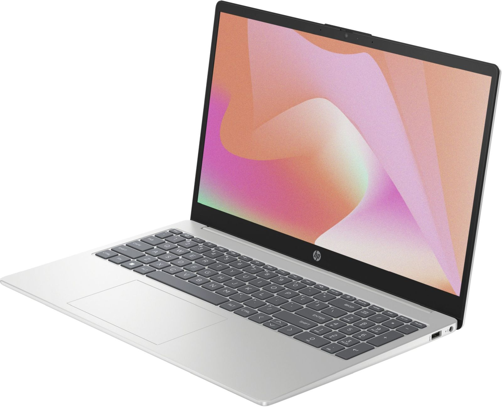Un laptop argentato con schermo aperto, che mostra uno sfondo astratto. La tastiera è visibile.