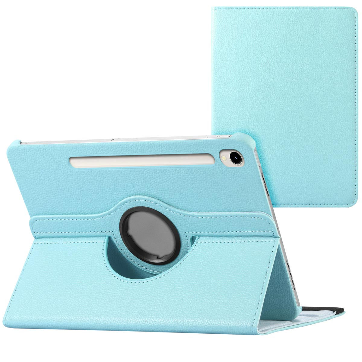 Een lichtblauwe tablethoes met een tablet erin, open en gesloten getoond.