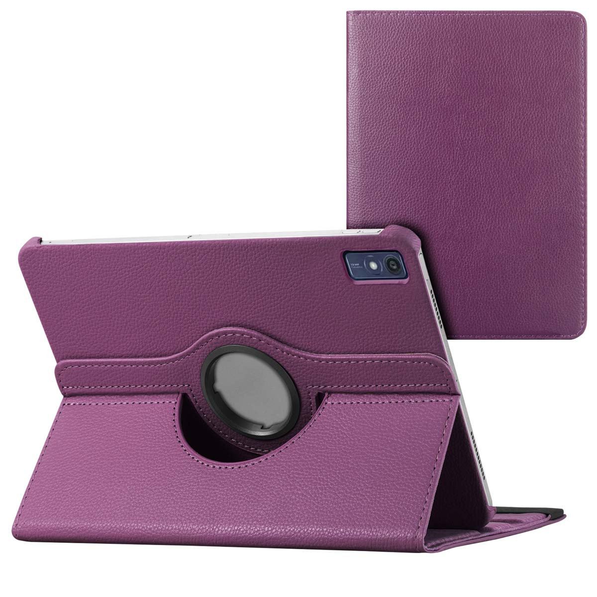 Purple tablet case with a rotating stand and a separate cover.
