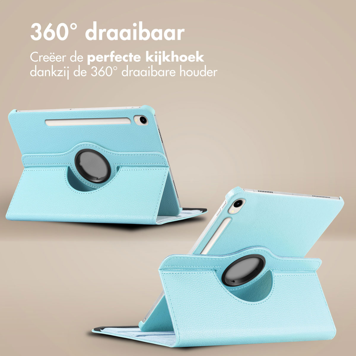 Twee blauwe tablethoezen met draaistandaard, die de draaifunctie tonen.