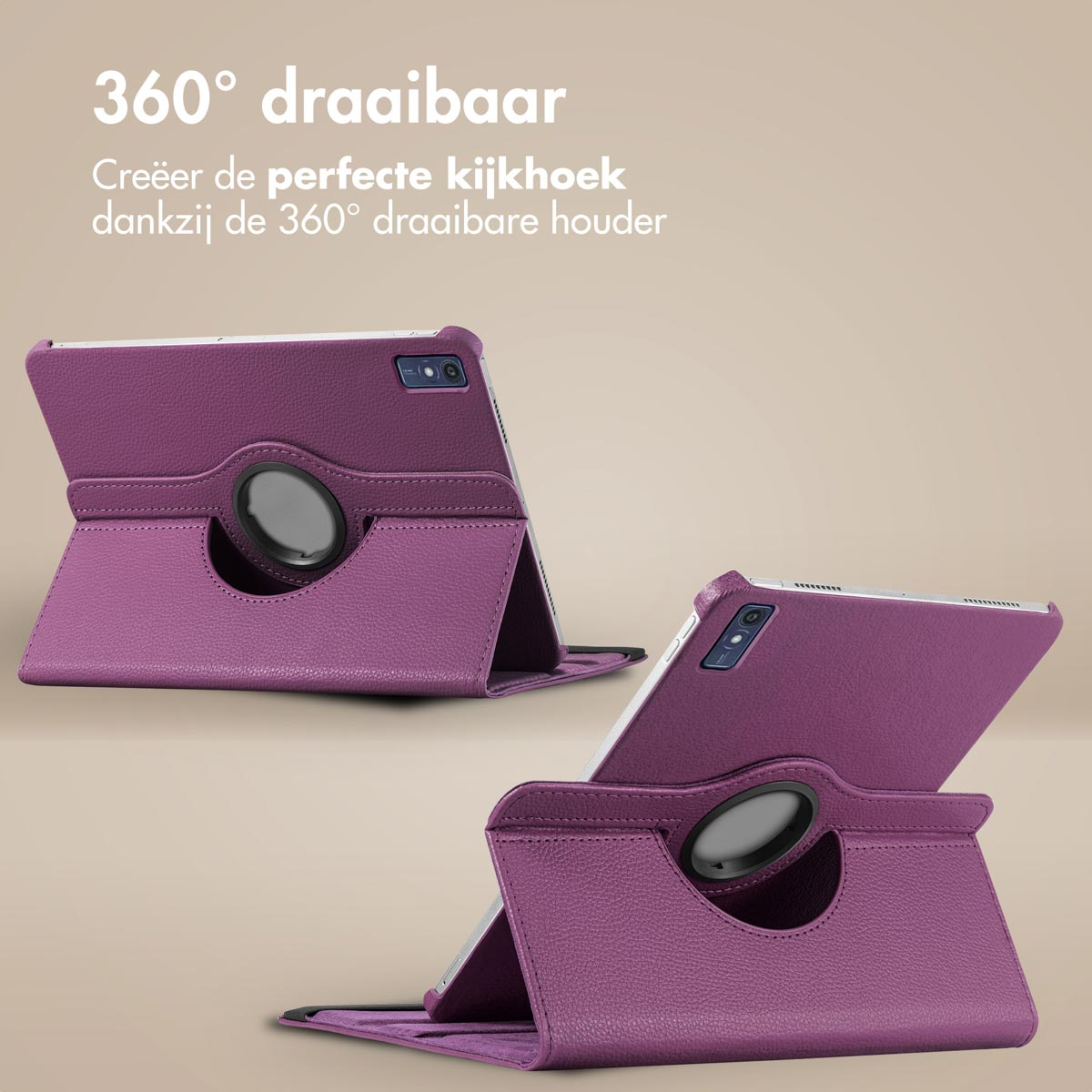 Purple tablet case with 360° rotating stand.