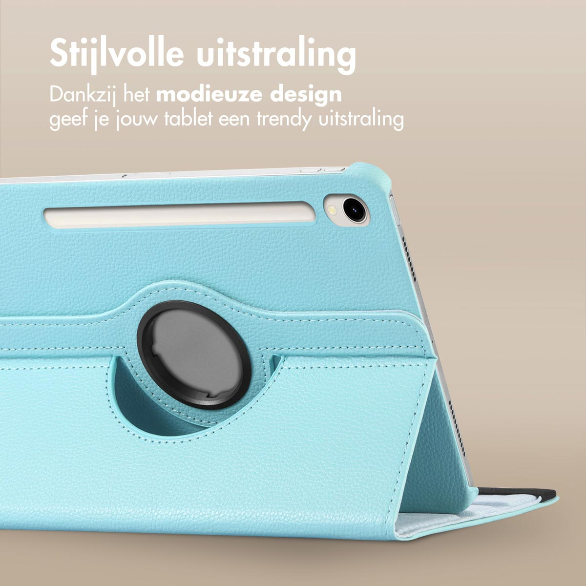 Blauwe tablet in een standaard. Tekst in het Nederlands over stijlvolle uitstraling.
