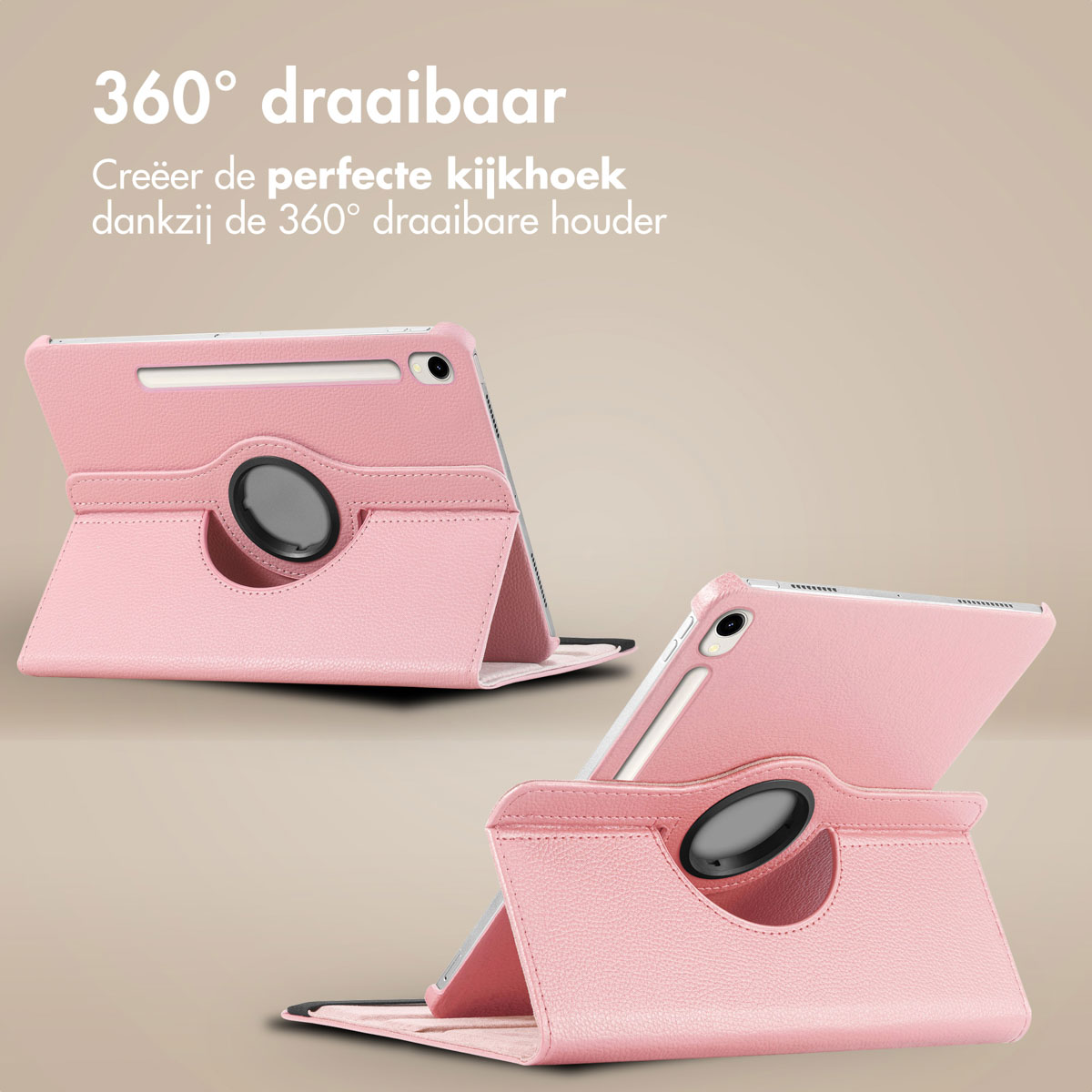 Two pink tablet cases, one open, one closed. They have a rotating mechanism and a light background.