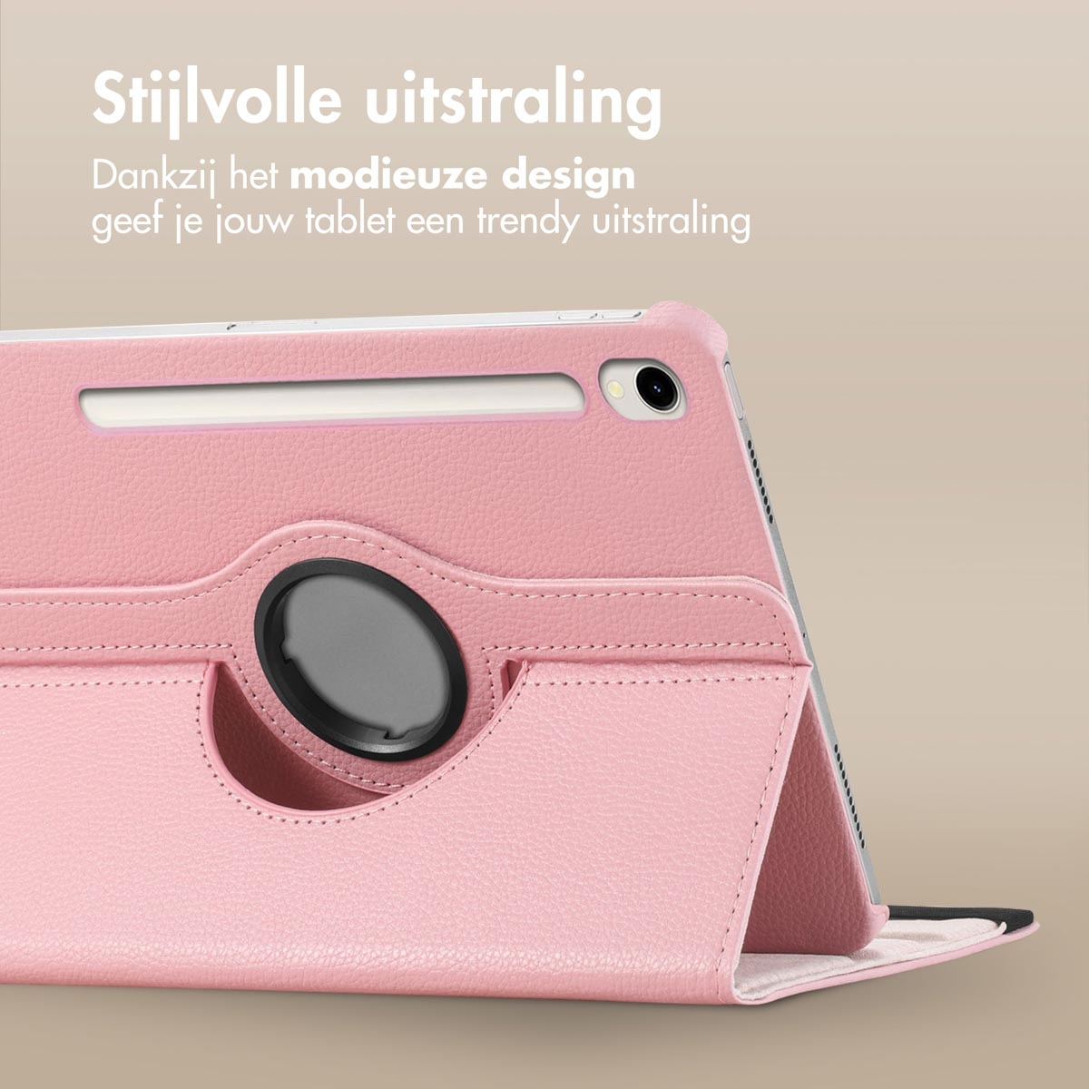 Pink tablet in a stand. Text in Dutch about stylish appearance.